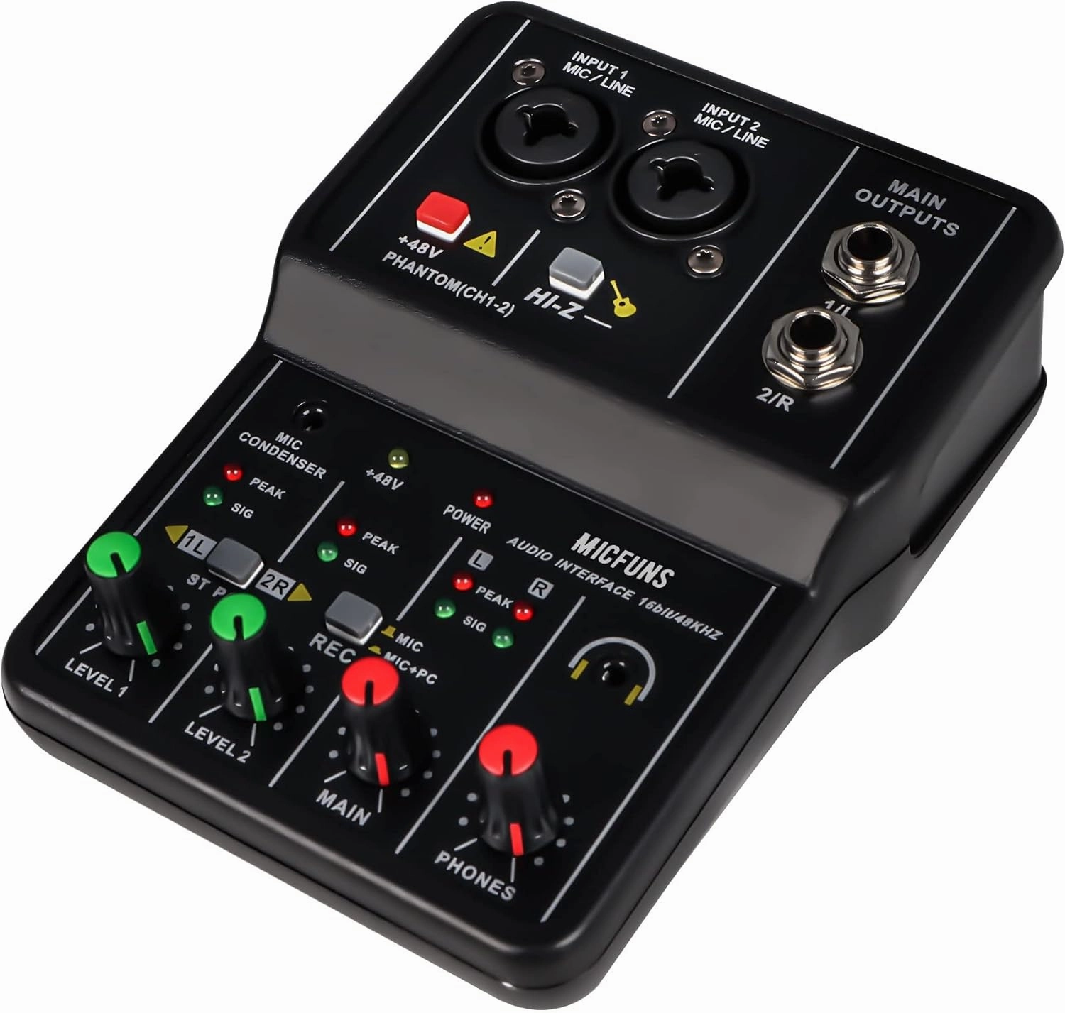 Mini 2 channel audio DJ mixer console interface with 48V phantom power Combo Jack Microphone/Guitar XLR 6.35mm, 3.5mm Stereo in, Headphone Jack for studio live show,party recording mixer console,audio mixing desk,DJ console,