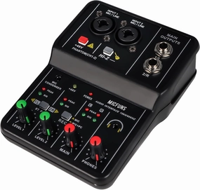 Mini 2 channel audio DJ mixer console interface with 48V phantom power Combo Jack Microphone/Guitar XLR 6.35mm, 3.5mm Stereo in, Headphone Jack for studio live show,party recording mixer console,audio mixing desk,DJ console,
