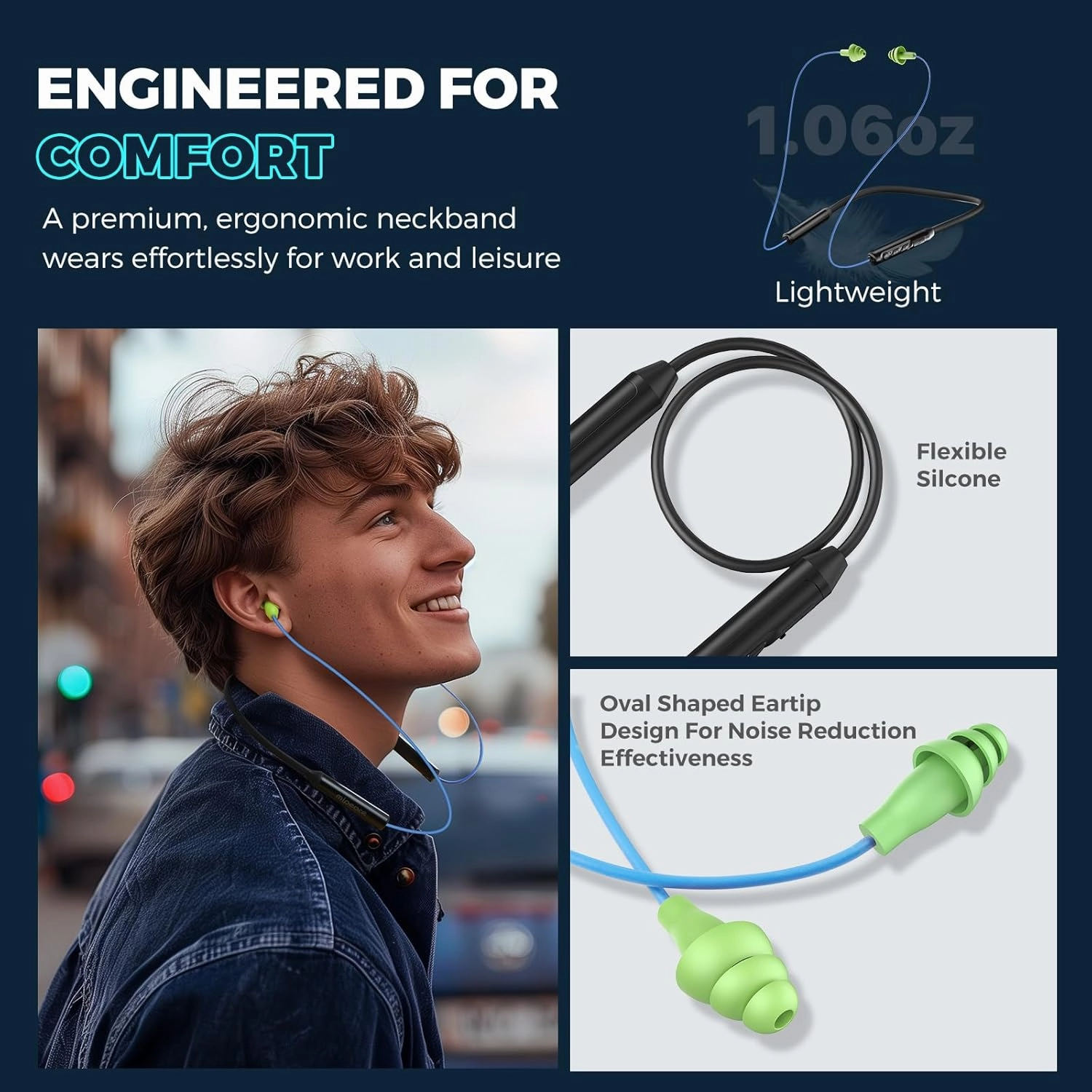 MIPEACE Bluetooth Earplug Headphones, Neckband Wireless Earbuds earplugs-29db Noise Reduction isolating in-Ear earplug Earphones with Controls,IPX5 sweatproof,19 Hour Battery(Blue Green)