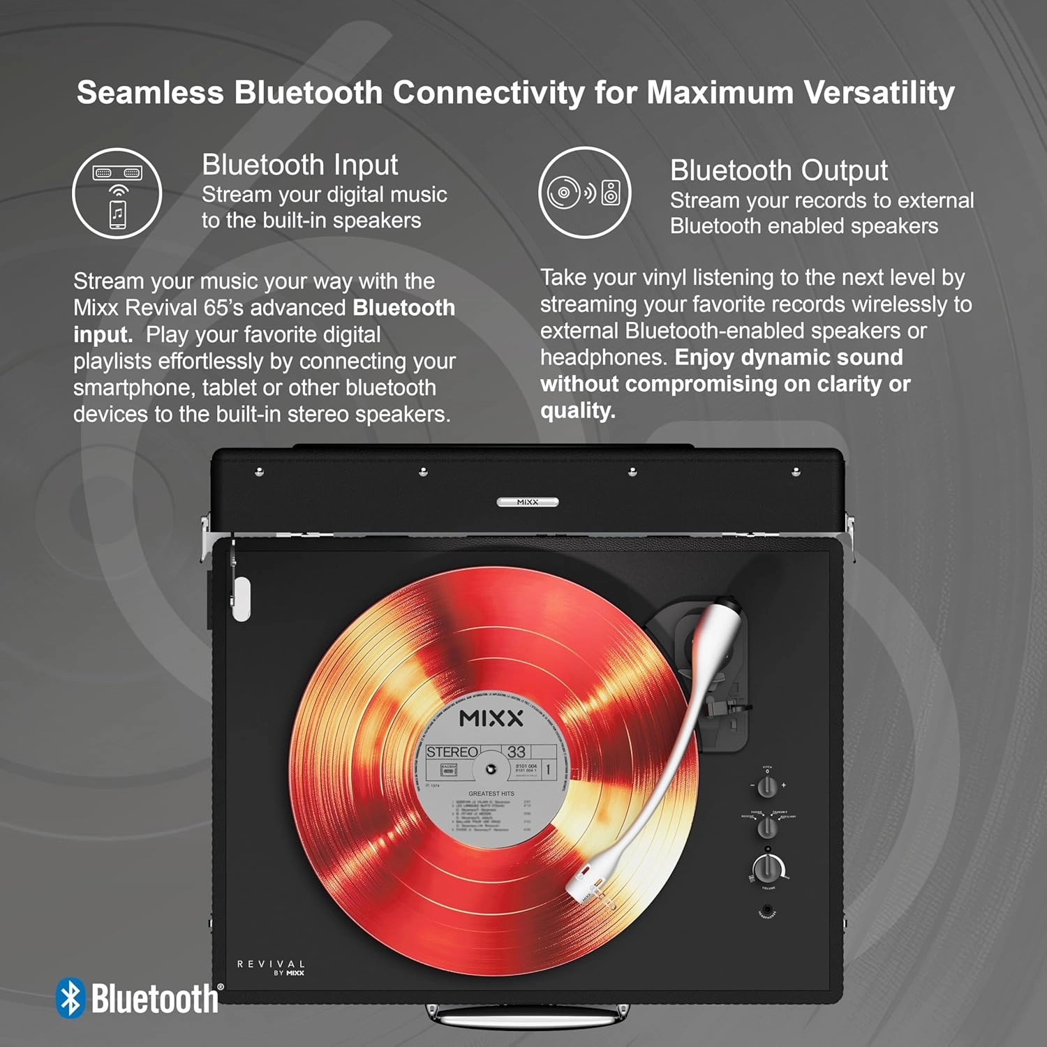 MIXX Revival 65 Stereo Vinyl Record Player | Retro Portable Turntable with Built-in Speakers, Bluetooth Input & Output, AT3600L Cartridge, Belt-Driven Stability, Adjustable Speeds, and Viewing Window