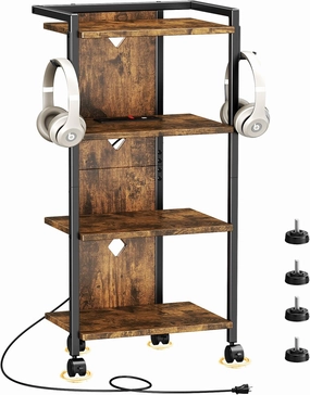 Mobile AV Media Stand with Power Outlets,4-Tier Media Console with 4 Rolling Caster Wheels,Versatile Entertainment Stand for Stereo, and Gaming Devices, Sturdy and Convenient (Brown) audio rack,hi-fi component stand,media shelf,