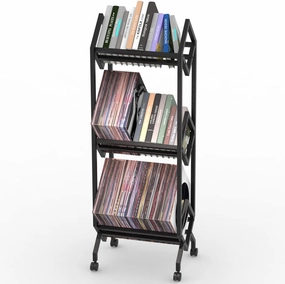 Mobile Vinyl Record Storage Rack, LP Storage Shelf, Record Holder for Albums, Magazine Display, Book and Files Organizer, 3 Tier Vinyl Record Stand with Matte Black Metal vinyl storage,record holder,LP organizer,