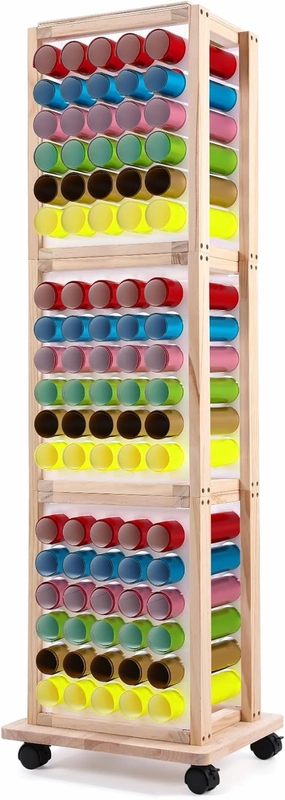 Mobile Vinyl Roll Holder - 90 Compartments Vinyl Storage Cart with Locking Castor Wheels, Wooden 3 Tier HTV Organizer Rack for Craft Room Home DIY (2" Hole Size) vinyl storage,record holder,LP organizer,