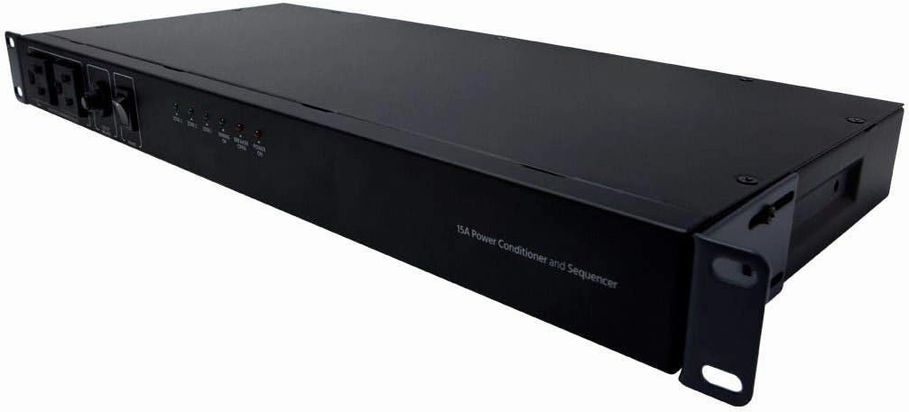 Monoprice 15 Amp Power Conditioner and Sequencer - 8 Outlets, 3 Zones, 1U Rack Mount, Black - Stage Right audio rack,hi-fi component stand,media shelf,