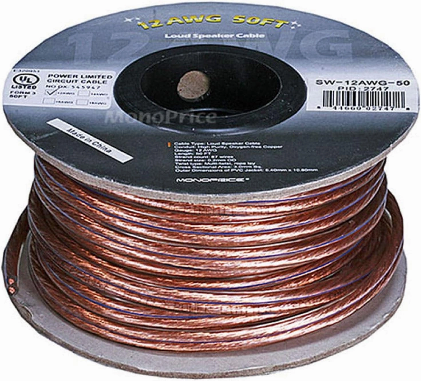 Monoprice Enhanced Oxygen-Free Copper Loud Speaker Wire - CL2 In-Wall Rated, Pure Bare Copper, 12Awg, 50 Feet