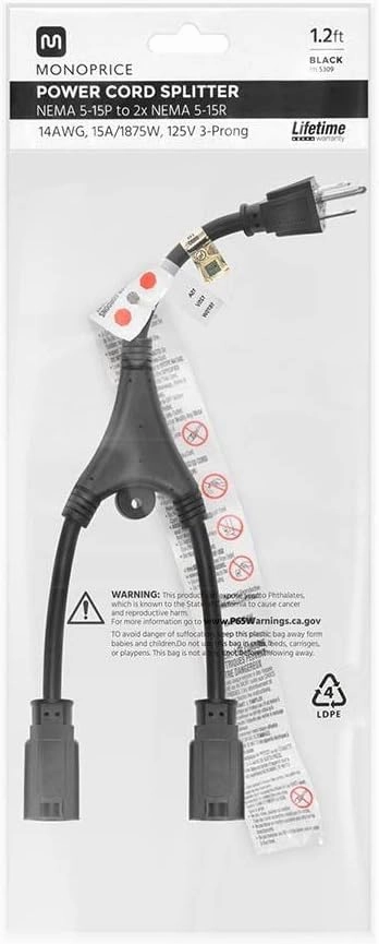 Monoprice Power Cord Splitter - 15 Amp (NEMA 5-15P to 2x NEMA 5-15R), UL Certified, 14AWG, 1.2 Feet, Black