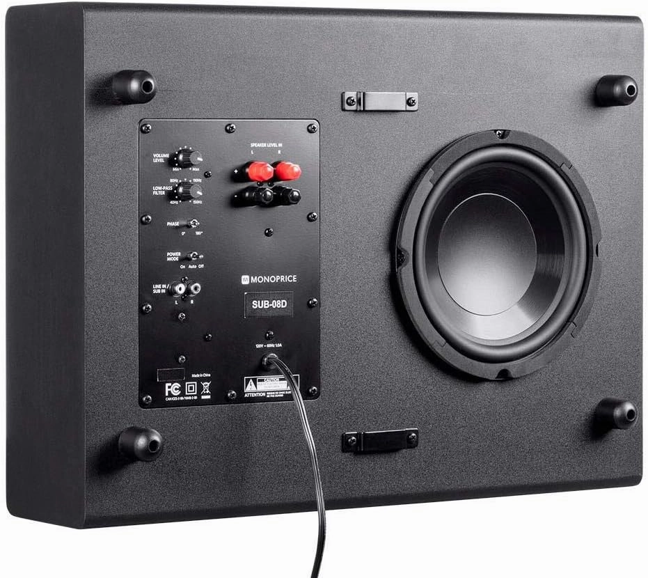 Monoprice SSW-8 Slim Powered Subwoofer - 8 Inch Woofer, 100 Watt, Low Profile, Powerful Amp, Low Pass, RCA and Speaker Level Terminal Inputs, Black