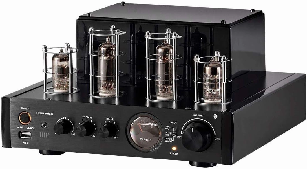 Monoprice Stereo Hybrid Tube Amplifier 2019 Edition, 25 Watt with Bluetooth 2.1   EDR, Wired RCA, Optical, Coaxial, and USB Connections, and Subwoofer Out integrated amplifier,stereo receiver,hi-fi amp combo,