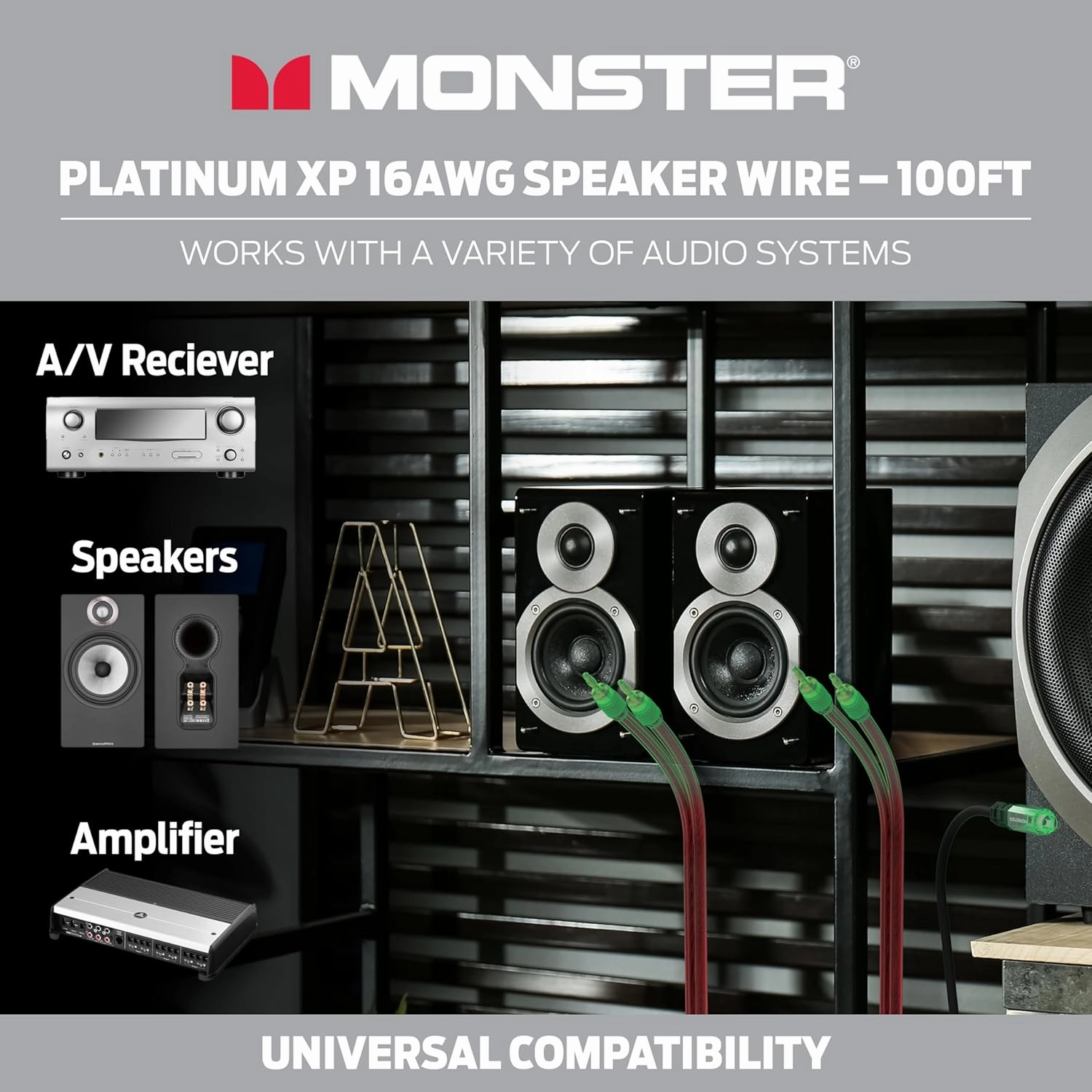 Monster 16 AWG Speaker Wire: Advanced Performance XP Speaker Cable 100 FT Spool with Oxygen Free Copper (OFC) Audio Wire Construction - Easy to Strip & Install Speaker Cables