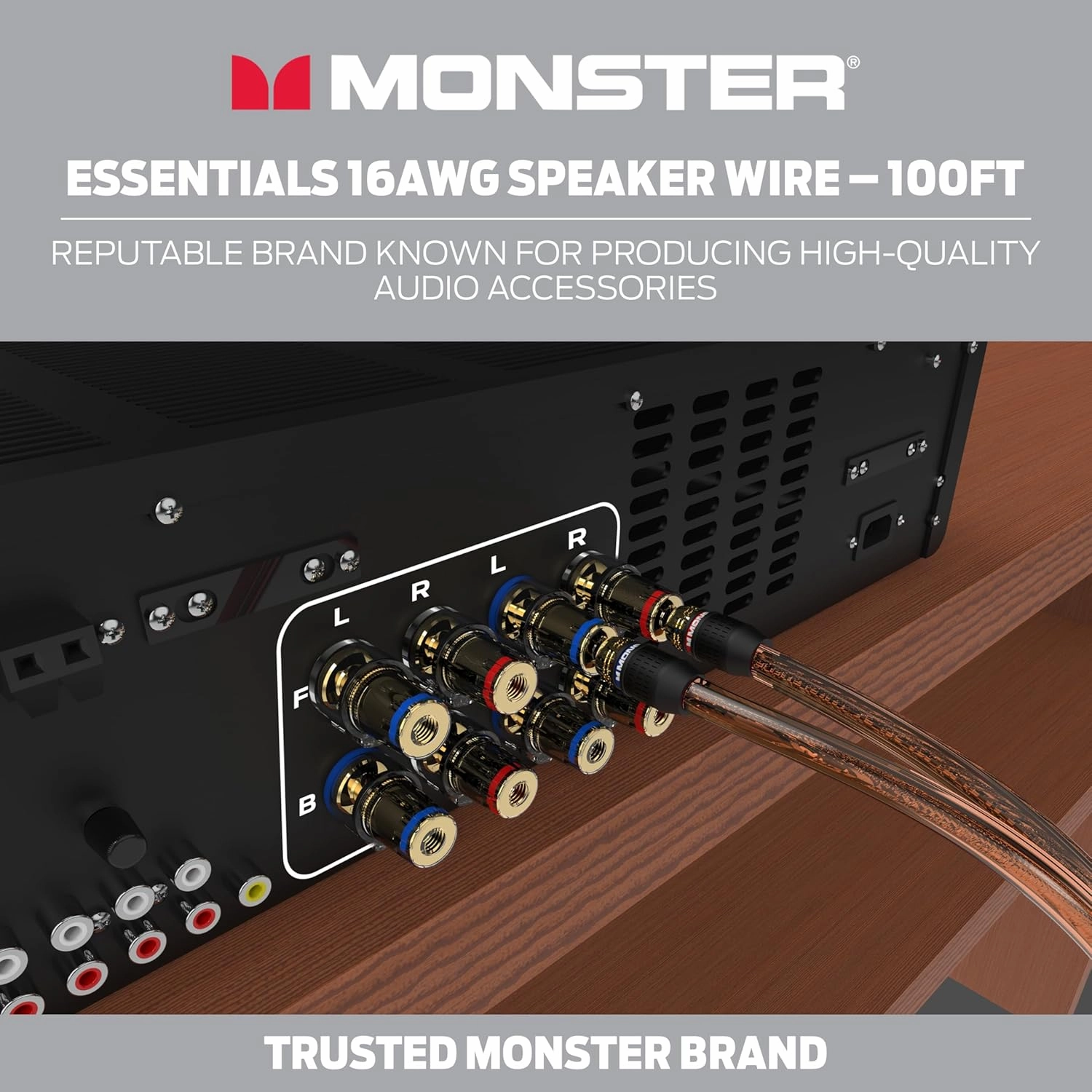 Monster Essentials High Performance Speaker Wire 16 Gauge Copper Clad Aluminum (CCA) Speaker Cable 100 FT Spool  Ideal Home Cinema Speaker Wire Cable and Car Audio Speaker Cables/Speaker Wires