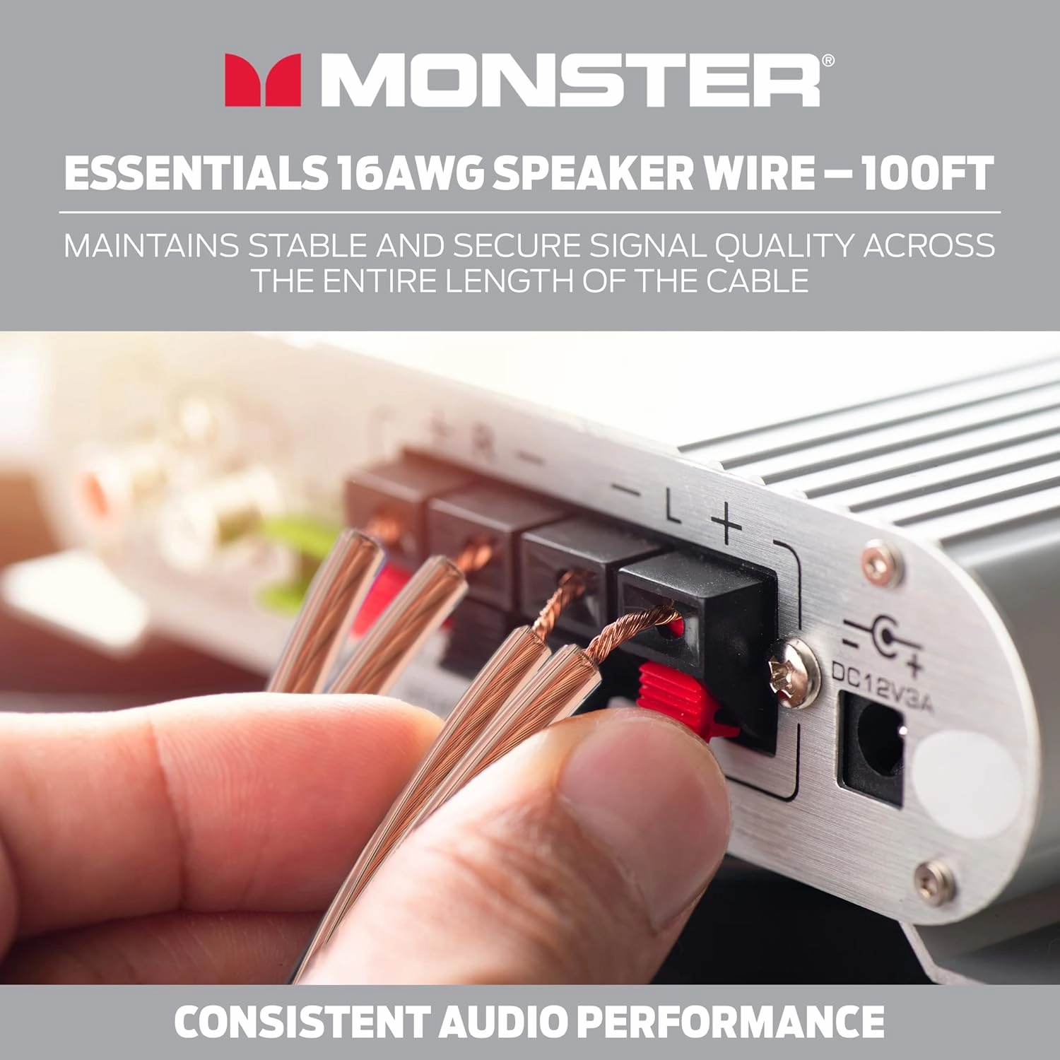 Monster Essentials High Performance Speaker Wire 16 Gauge Copper Clad Aluminum (CCA) Speaker Cable 100 FT Spool  Ideal Home Cinema Speaker Wire Cable and Car Audio Speaker Cables/Speaker Wires