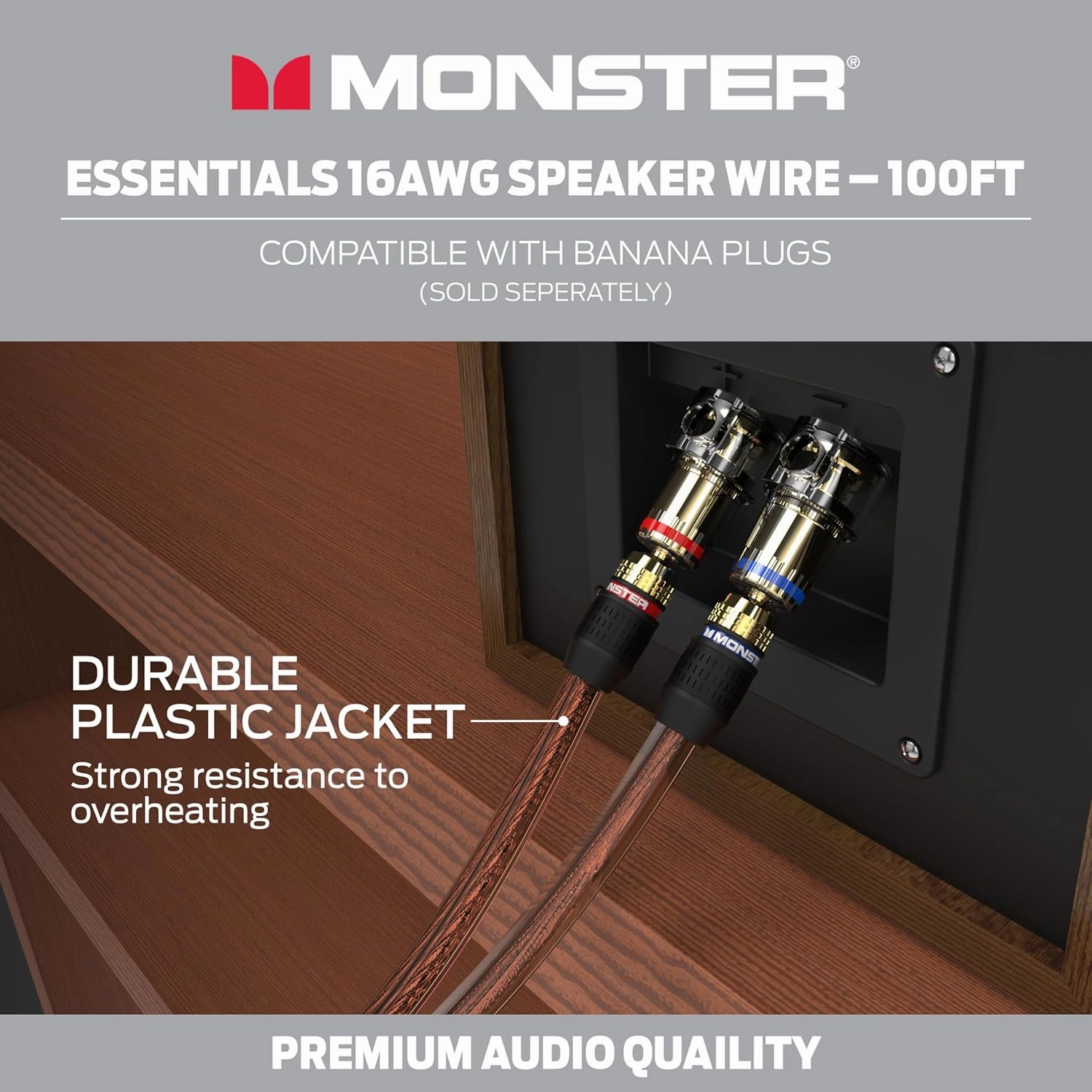 Monster Essentials High Performance Speaker Wire 16 Gauge Copper Clad Aluminum (CCA) Speaker Cable 100 FT Spool  Ideal Home Cinema Speaker Wire Cable and Car Audio Speaker Cables/Speaker Wires