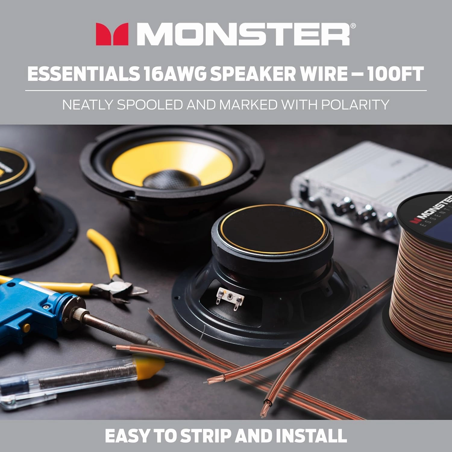 Monster Essentials High Performance Speaker Wire 16 Gauge Copper Clad Aluminum (CCA) Speaker Cable 100 FT Spool  Ideal Home Cinema Speaker Wire Cable and Car Audio Speaker Cables/Speaker Wires