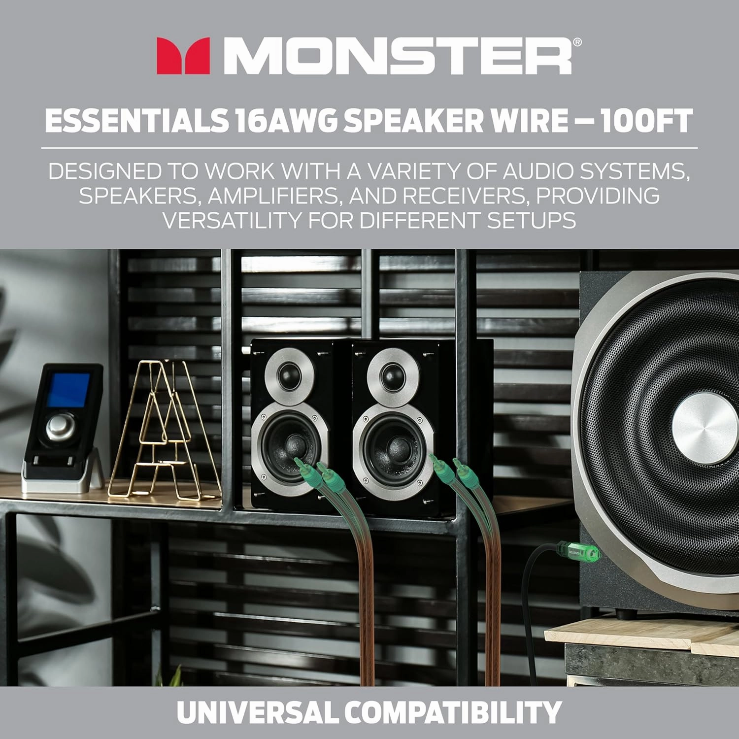 Monster Essentials High Performance Speaker Wire 16 Gauge Copper Clad Aluminum (CCA) Speaker Cable 100 FT Spool  Ideal Home Cinema Speaker Wire Cable and Car Audio Speaker Cables/Speaker Wires