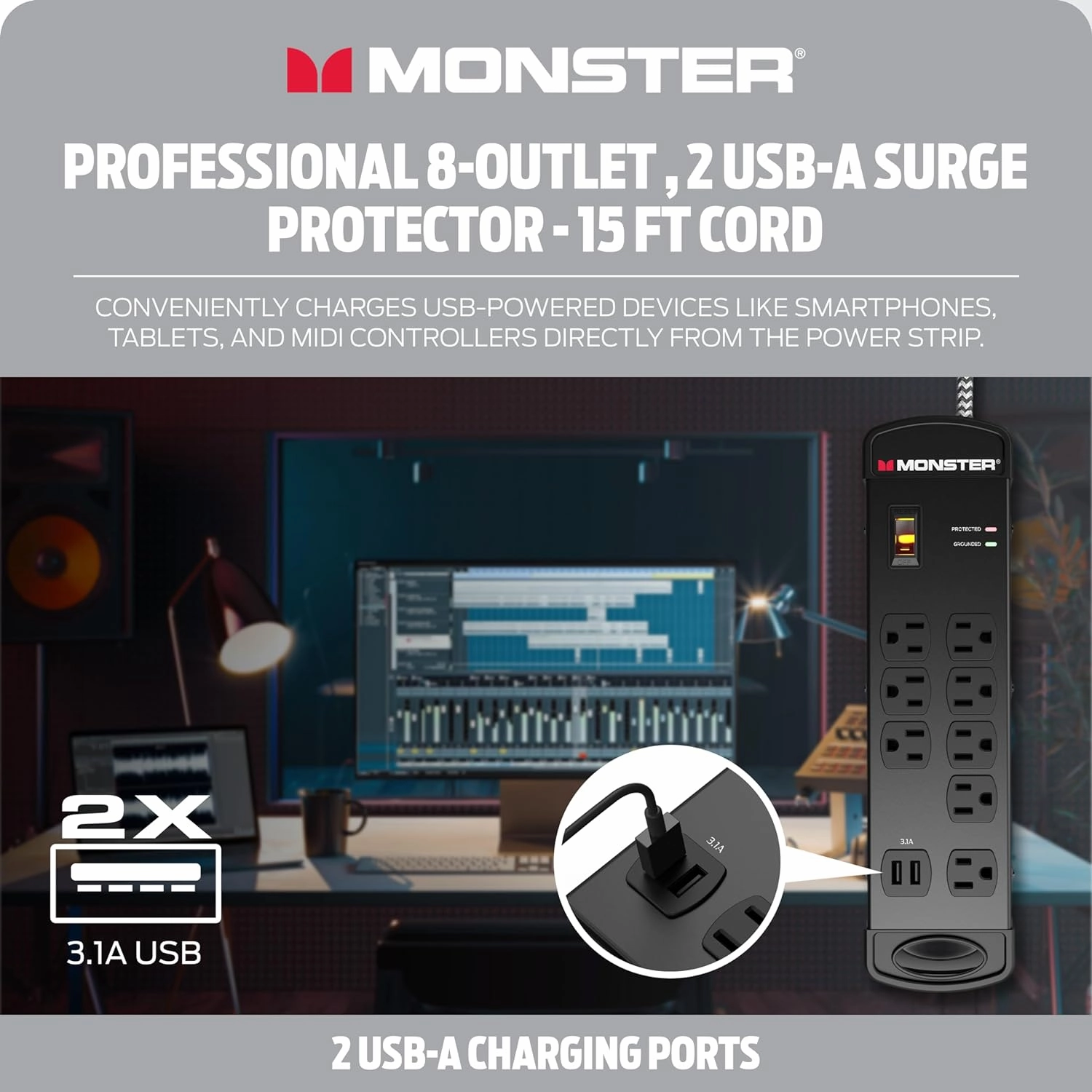 Monster Pro MI Professional Surge Protector Power Strip with Fireproof MOV Technology for Computers, Amplifiers, Pedal Boards, and Pro Audio Gear - 1960 Joule, 15 ft Cord, 8 Outlet, 2 USB