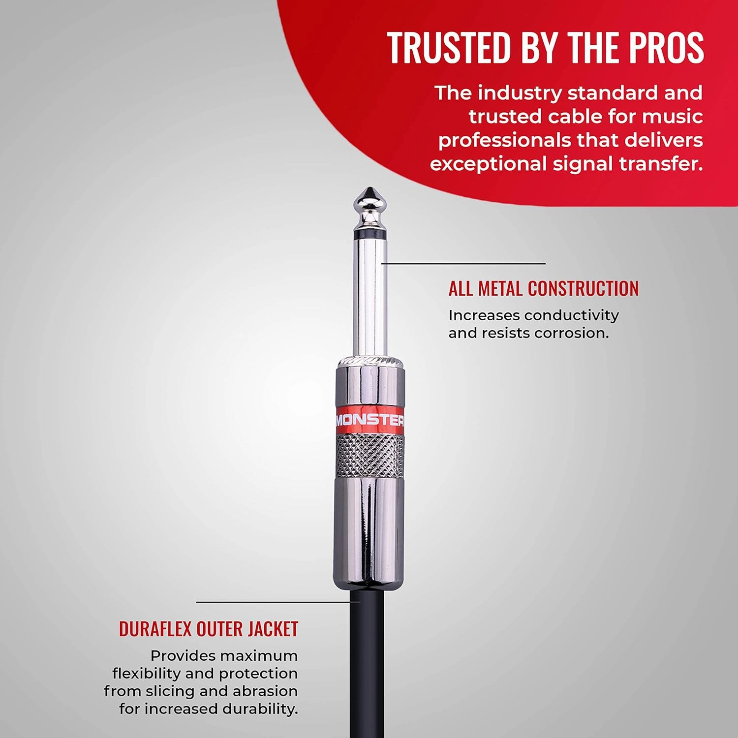 Monster Prolink Classic Speaker Cable - 25FT Straight to Straight Instrument Cable - Straight 1/4-Inch Plugs - Guitar Cord w/Superior Signal Transfer, Noise Reduction, Duraflex Outer Jacket