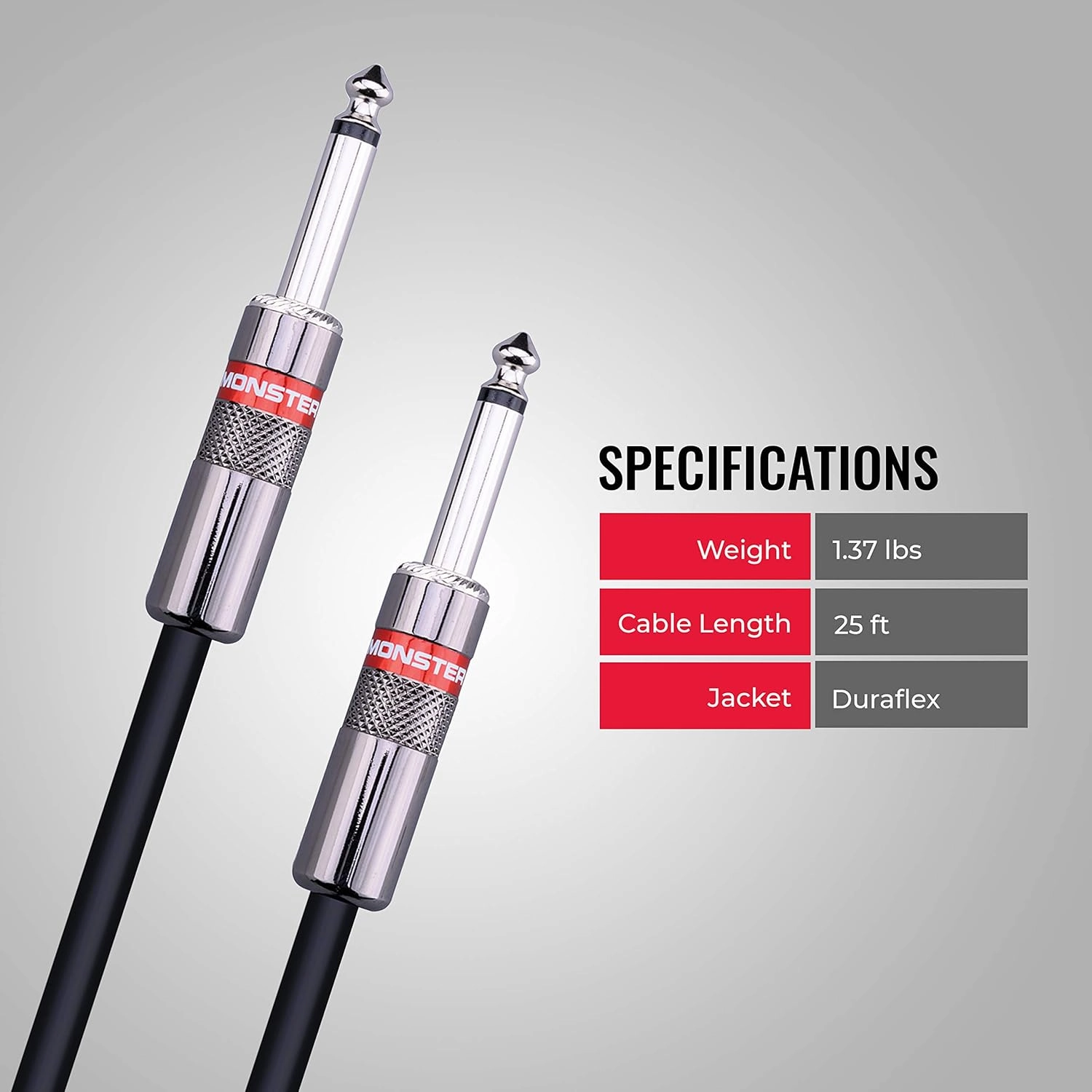 Monster Prolink Classic Speaker Cable - 25FT Straight to Straight Instrument Cable - Straight 1/4-Inch Plugs - Guitar Cord w/Superior Signal Transfer, Noise Reduction, Duraflex Outer Jacket