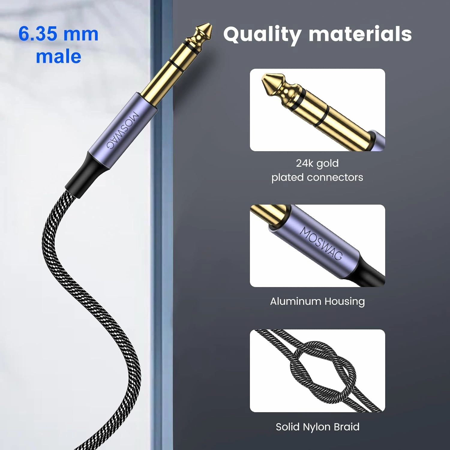 MOSWAG 3.5mm to 6.35mm TRS Stereo Audio Cable 6.6FT/2Meter,6.35 1/4" Male to 3.5 1/8" Male Aux Jack for iPod,Laptop,Home Theater Devices,Amplifiers and More