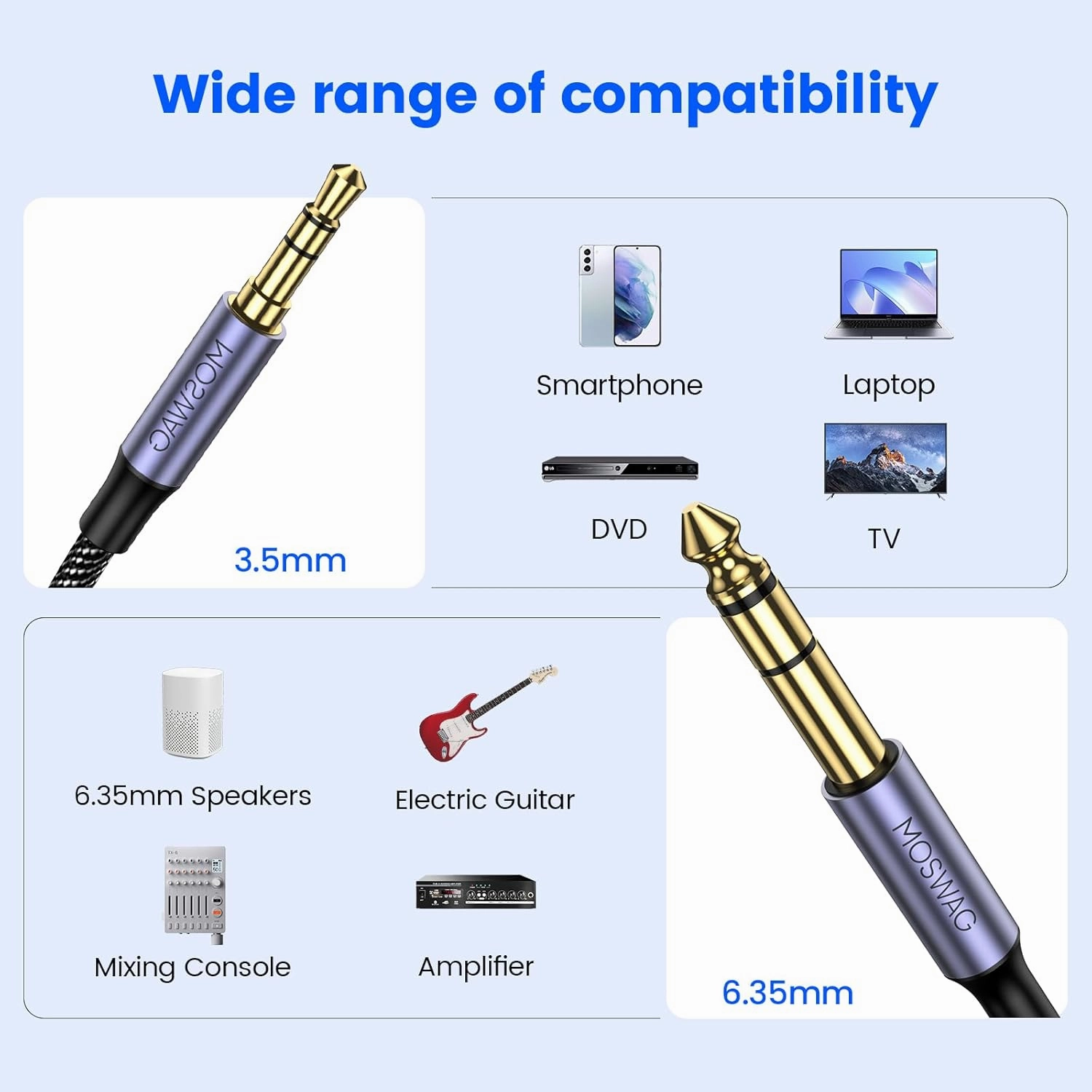 MOSWAG 3.5mm to 6.35mm TRS Stereo Audio Cable 6.6FT/2Meter,6.35 1/4" Male to 3.5 1/8" Male Aux Jack for iPod,Laptop,Home Theater Devices,Amplifiers and More