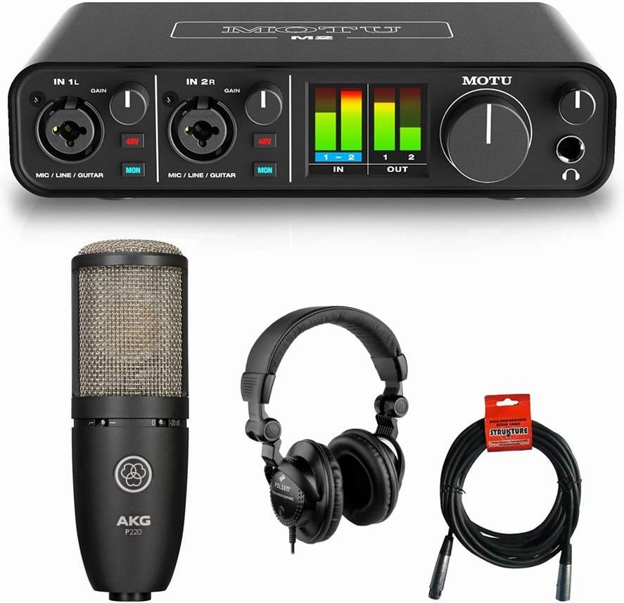 Motu M2 2x2 USB Audio Interface with AKG Project Studio P220 Condenser Mic, HPC-A30 Studio Monitor Headphones & XLR Cable Bundle studio monitors,nearfield speakers,mixing reference monitors,