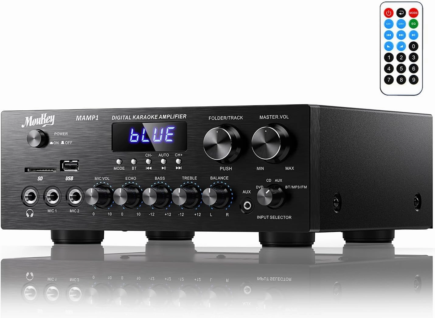 Moukey Stereo Receivers, 2.0 Channel Power Audio Amplifier System with Bluetooth 5.0 w/USB, SD, AUX, RCA, MIC in w/Echo, LED for Karaoke, Home Theater Speakers balanced output player,audiophile player,hi-res digital player,