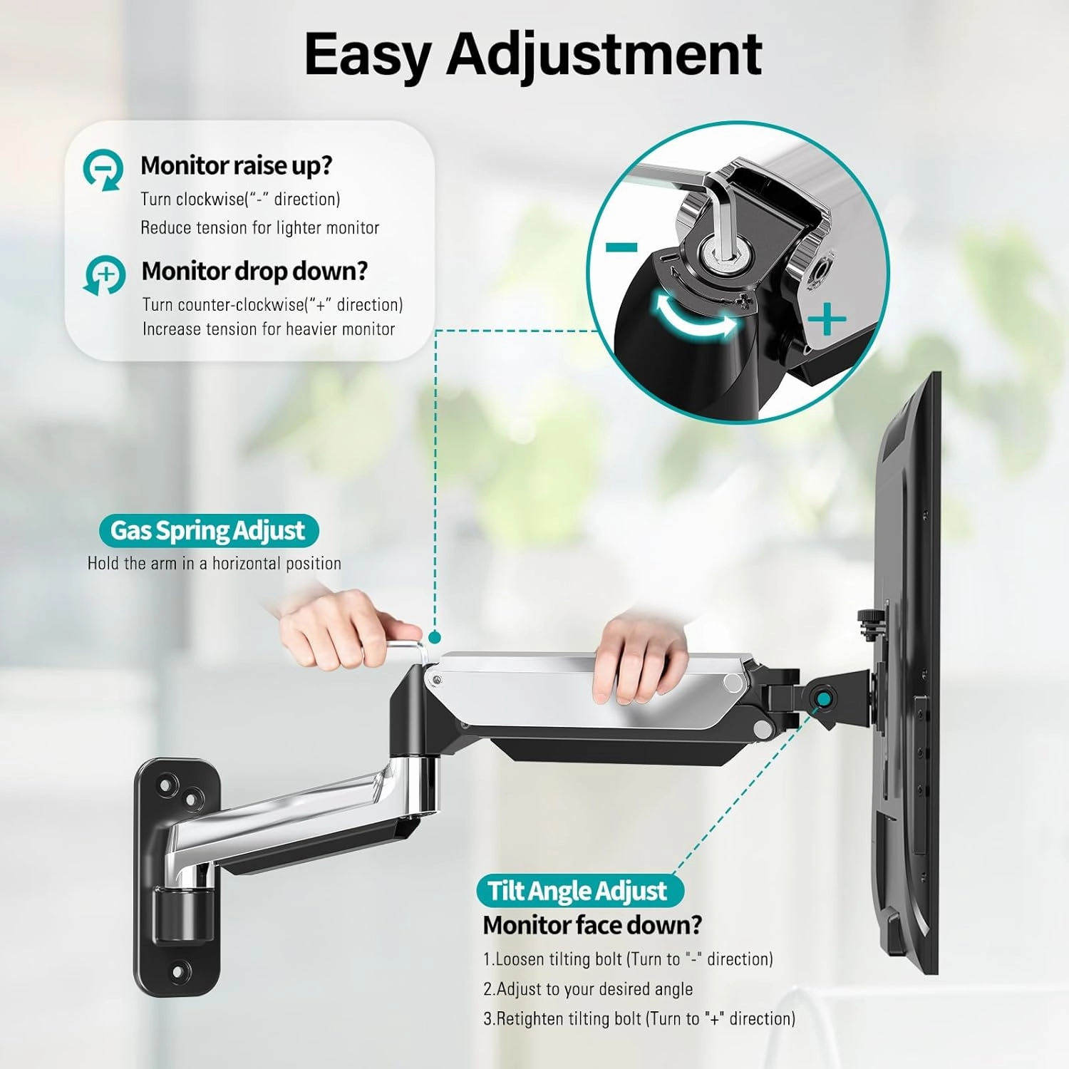 MOUNT PRO Single Monitor Wall Mount for 13 to 32 Inch Computer Screens, Gas Spring Monitor Arm Holds Up to 17.6lbs, Full Motion Adjustable Wall Bracket, VESA Mount 75x75, 100x100, Polished