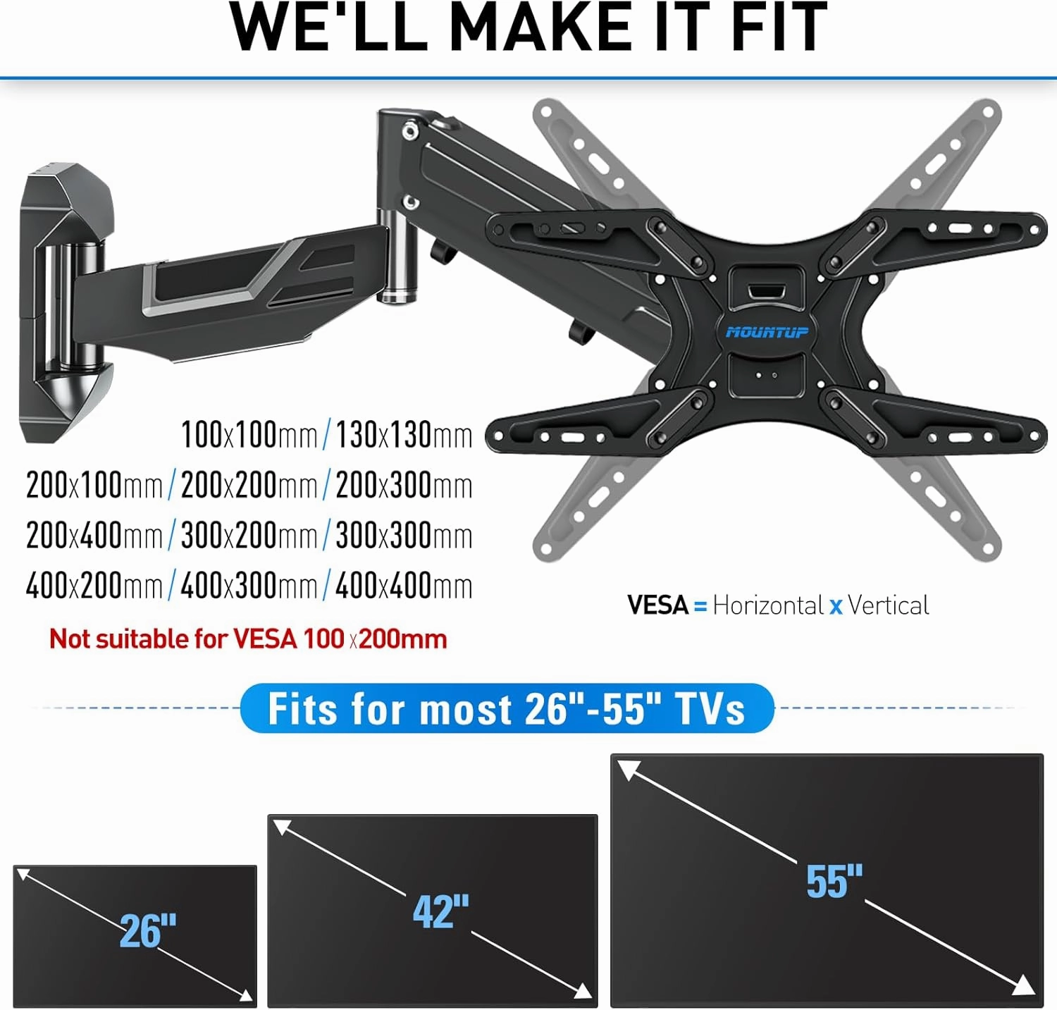 MOUNTUP Height Adjustable TV Wall Mount for 26-55 Inch TVs, Gas Spring Full Motion Articulating TV Bracket with Smooth Swivel Tilt & Safe Corner Installation, 400x400mm VESA, 11-66 lbs, Matte Black
