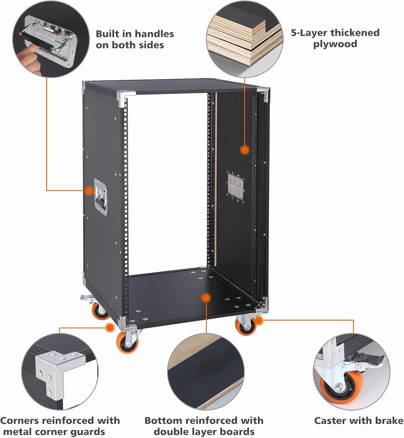 Movable AV Gear Rack 16U 19in Mobile Floor Standing Network Device Storage Cabinet Stand - Audio Stereo Studio DJ Equipment Rack Server IT Data Devices Storage Cabinet with Castors