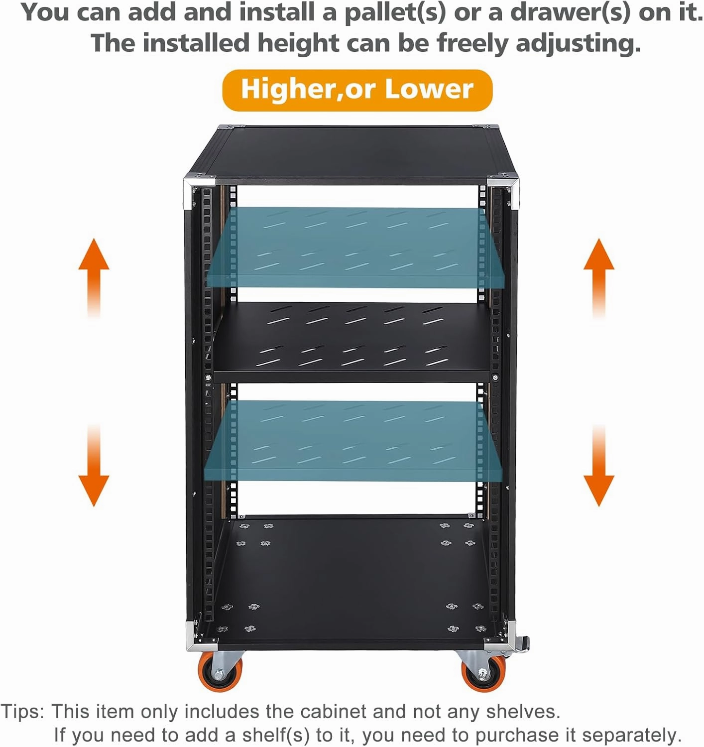 Movable AV Gear Rack 16U 19in Mobile Floor Standing Network Device Storage Cabinet Stand - Audio Stereo Studio DJ Equipment Rack Server IT Data Devices Storage Cabinet with Castors