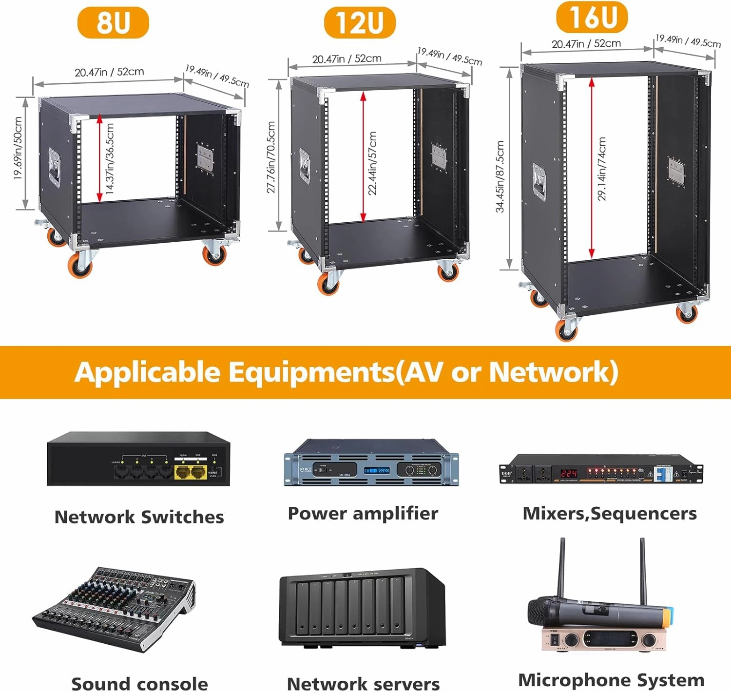 Movable AV Gear Rack 16U 19in Mobile Floor Standing Network Device Storage Cabinet Stand - Audio Stereo Studio DJ Equipment Rack Server IT Data Devices Storage Cabinet with Castors