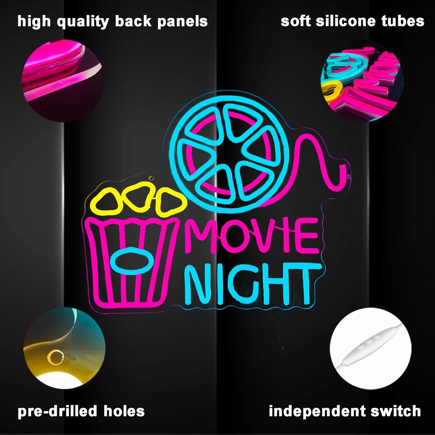 Movie Night With Popcorn Paper Box Neon Sign, Cinema LED Neon Light for Wall Decor, Movie Time Home Cinema Decor, Dimmable USB Neon Lights for Film Room Cinema Man Cave Party Birthday