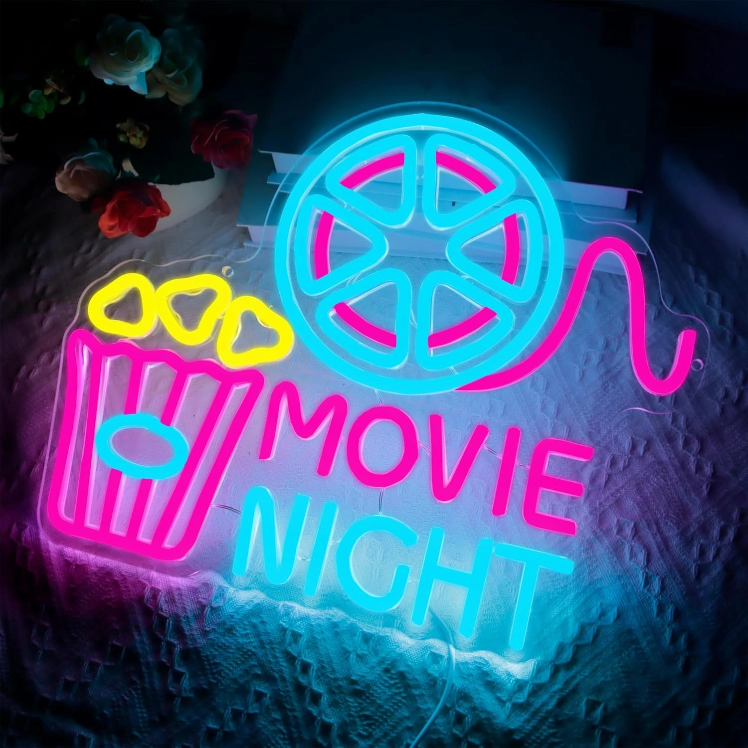 Movie Night With Popcorn Paper Box Neon Sign, Cinema LED Neon Light for Wall Decor, Movie Time Home Cinema Decor, Dimmable USB Neon Lights for Film Room Cinema Man Cave Party Birthday