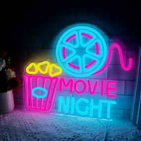 Movie Night With Popcorn Paper Box Neon Sign, Cinema LED Neon Light for Wall Decor, Movie Time Home Cinema Decor, Dimmable USB Neon Lights for Film Room Cinema Man Cave Party Birthday home cinema system,5.1 home theater,surround sound package,