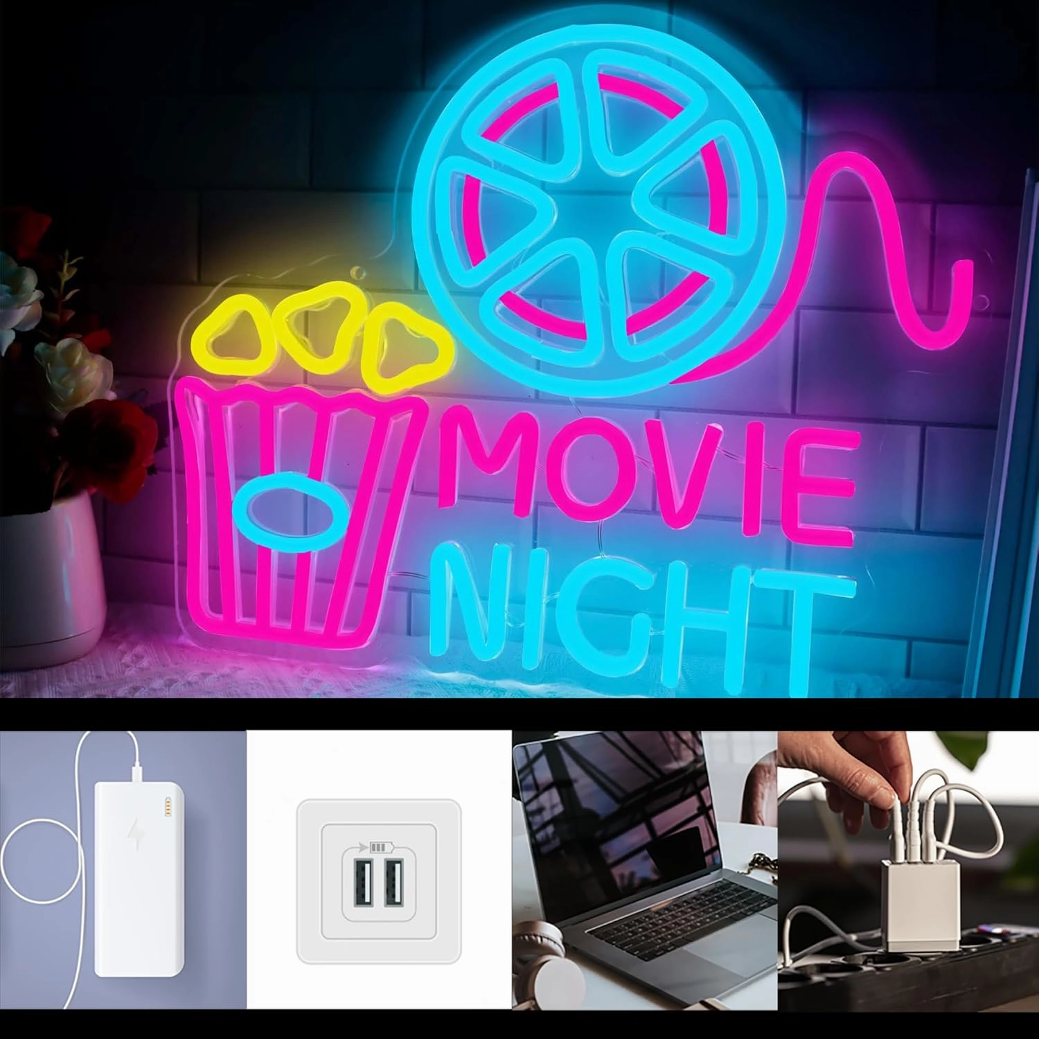 Movie Night With Popcorn Paper Box Neon Sign, Cinema LED Neon Light for Wall Decor, Movie Time Home Cinema Decor, Dimmable USB Neon Lights for Film Room Cinema Man Cave Party Birthday