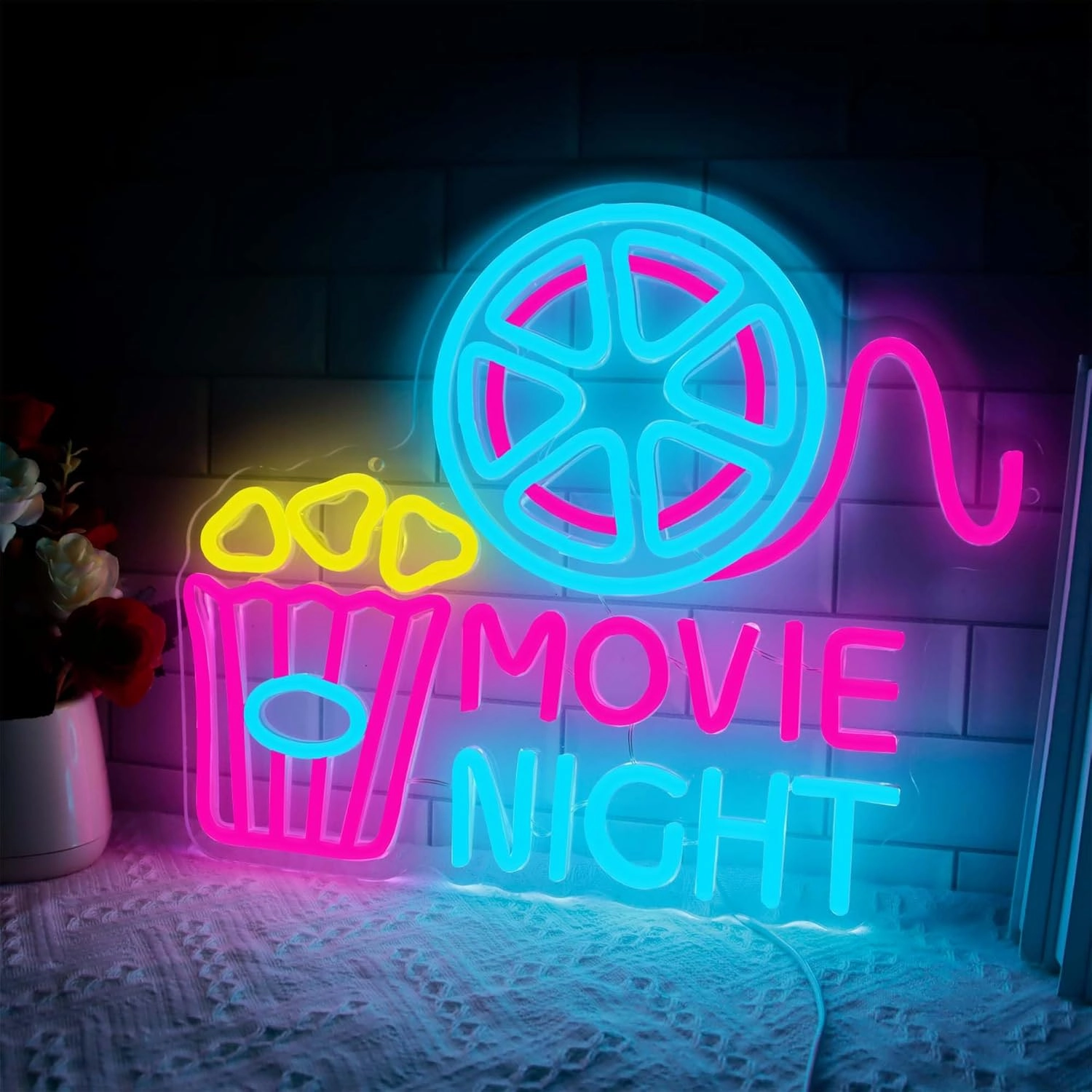 Movie Night With Popcorn Paper Box Neon Sign, Cinema LED Neon Light for Wall Decor, Movie Time Home Cinema Decor, Dimmable USB Neon Lights for Film Room Cinema Man Cave Party Birthday home cinema system,5.1 home theater,surround sound package,