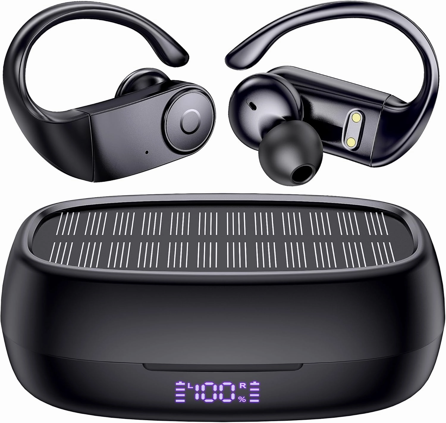 MOZOTER Earbuds Bluetooth Headphones with Earhooks[Solar Charging &Wireless Charging with LED Display][IPX7 Waterproof ] Wireless Over Ear Buds Built-in Mics Headset for Sport Running Workout-Black wireless earbuds,Bluetooth earphones,true wireless ste