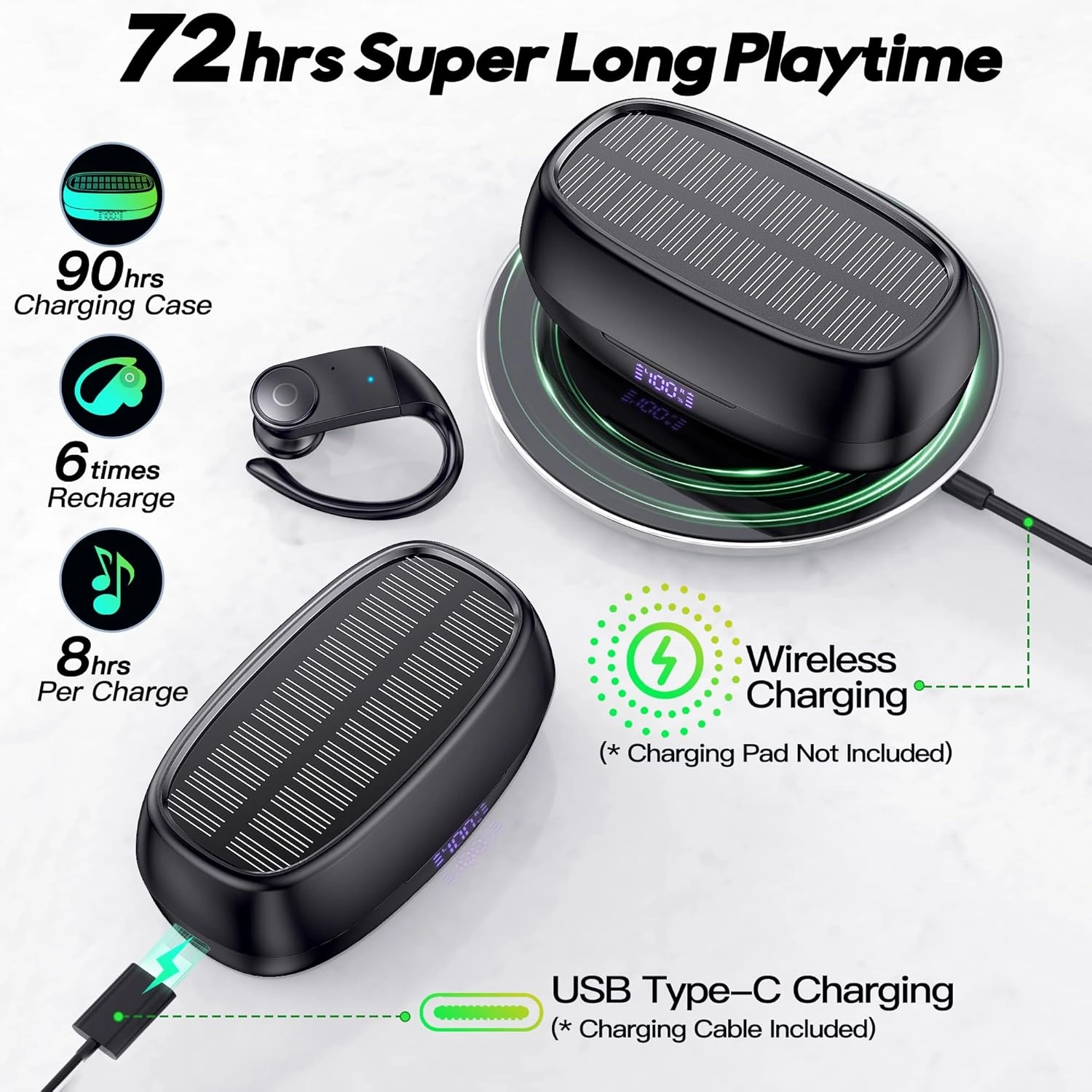 MOZOTER Earbuds Bluetooth Headphones with Earhooks[Solar Charging &Wireless Charging with LED Display][IPX7 Waterproof ] Wireless Over Ear Buds Built-in Mics Headset for Sport Running Workout-Black