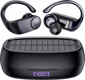 MOZOTER Earbuds Bluetooth Headphones with Earhooks[Solar Charging &Wireless Charging with LED Display][IPX7 Waterproof ] Wireless Over Ear Buds Built-in Mics Headset for Sport Running Workout-Black wireless earbuds,Bluetooth earphones,true wireless ste