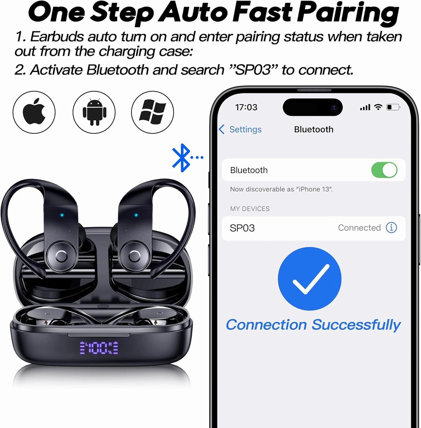 MOZOTER Earbuds Bluetooth Headphones with Earhooks[Solar Charging &Wireless Charging with LED Display][IPX7 Waterproof ] Wireless Over Ear Buds Built-in Mics Headset for Sport Running Workout-Black