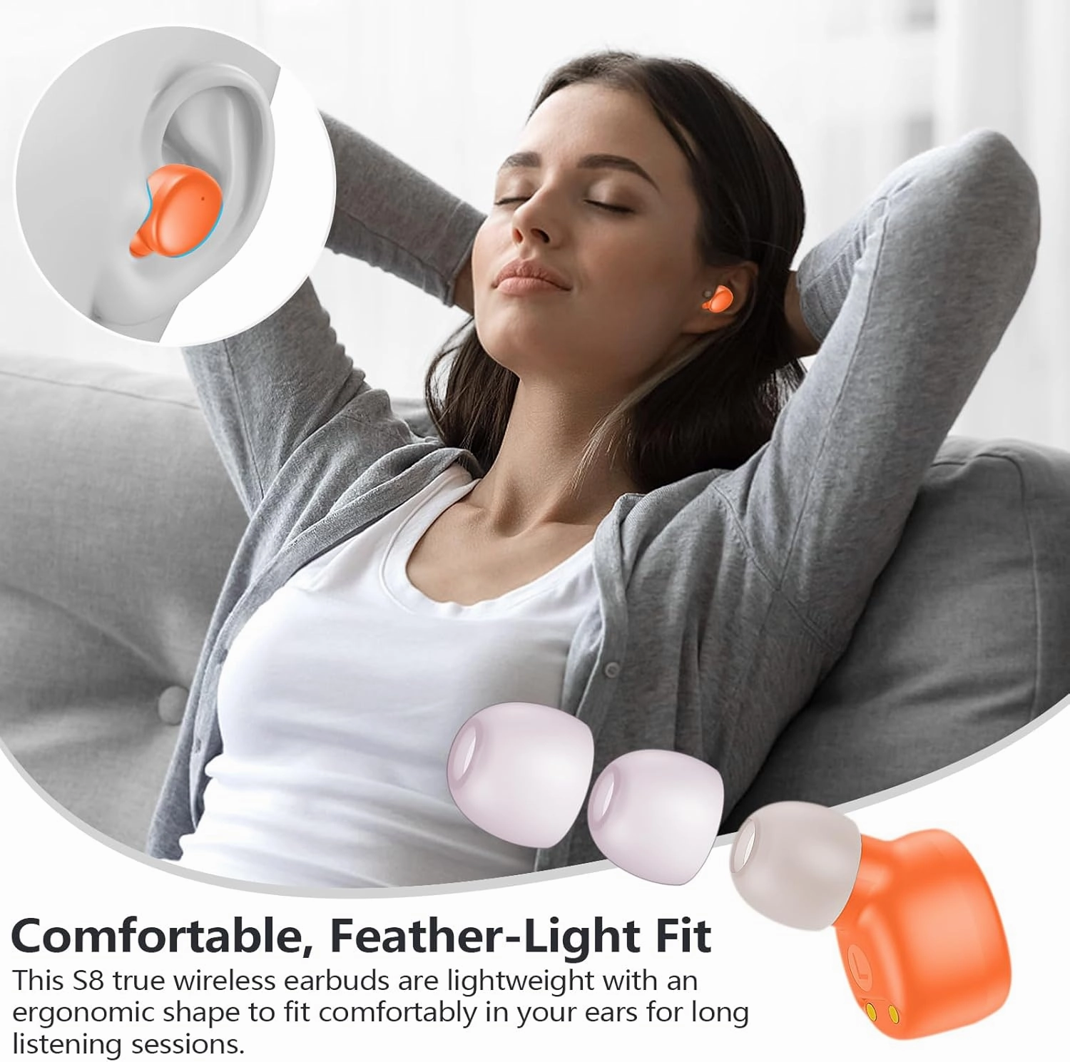 MOZOTER S8 Mini Wireless Earbuds Bluetooth 5.3 in Ear Light-Weight Headphones,60Hrs Playtime Ear Buds with Charging Case,Bluetooth Headsets,Premium Sound with Deep Bass for Sport-Orange