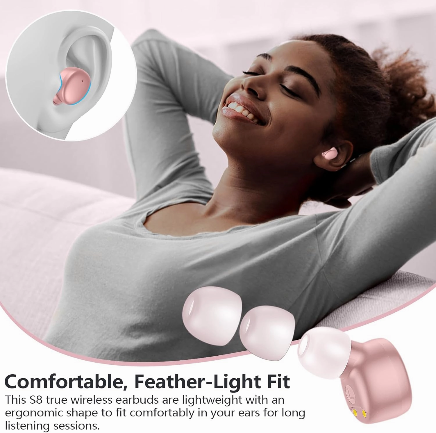MOZOTER S8 Mini Wireless Earbuds Bluetooth 5.3 in Ear Light-Weight Headphones,60Hrs Playtime Ear Buds with Charging Case,Bluetooth Headsets,Premium Sound with Deep Bass for Sport-Pink