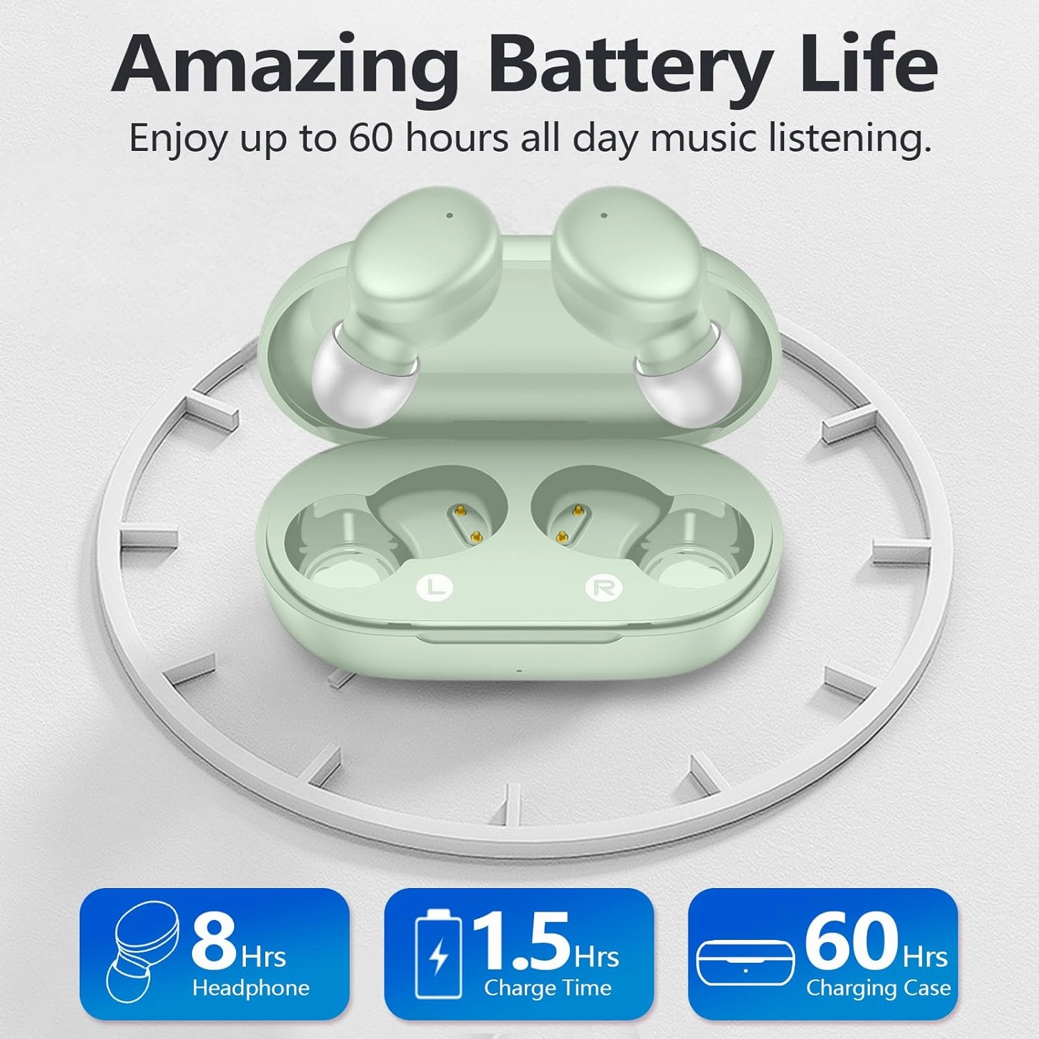 MOZOTER S8 Mini Wireless Earbuds Bluetooth 5.3 in Ear Light-Weight Headphones,60Hrs Playtime Ear Buds with Charging Case,Built-in Microphone Headset,Premium Sound with Deep Bass for Sport-Green