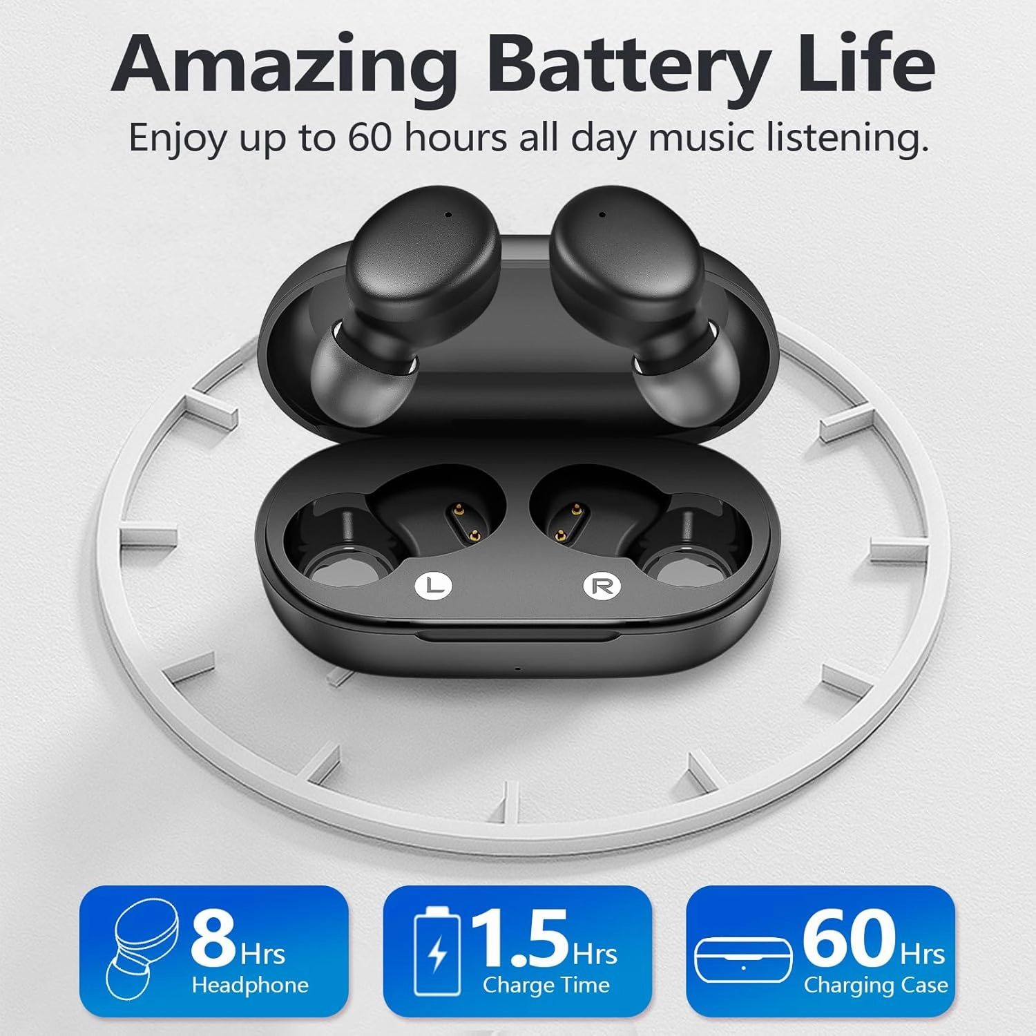 MOZOTER S8 Mini Wireless Earbuds Bluetooth 5.3 in Ear Light-Weight Headphones,60Hrs Playtime Ear Buds with Charging Case,Smart Ring,Fitness Tracker Premium Sound with Deep Bass for Sport-Black