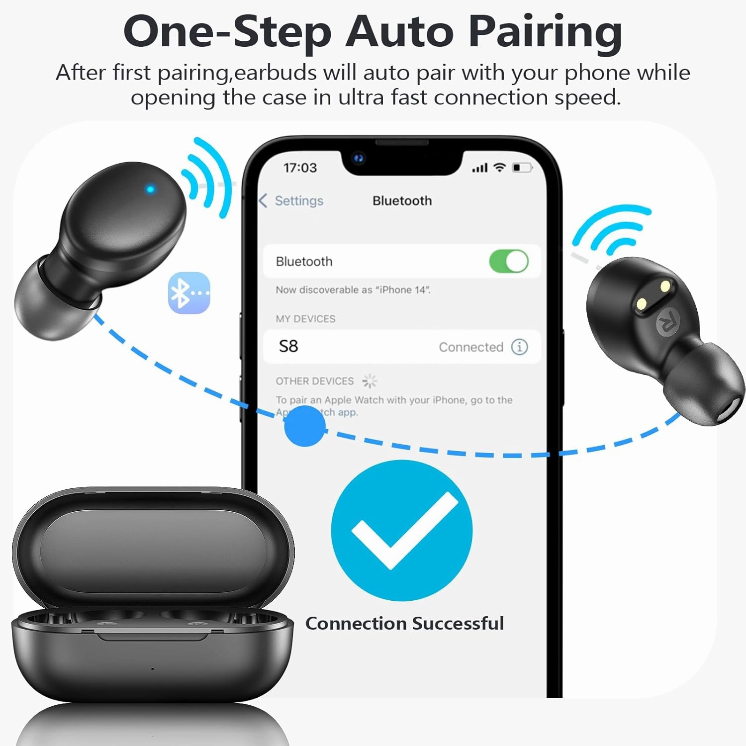 MOZOTER S8 Mini Wireless Earbuds Bluetooth 5.3 in Ear Light-Weight Headphones,60Hrs Playtime Ear Buds with Charging Case,Smart Ring,Fitness Tracker Premium Sound with Deep Bass for Sport-Black