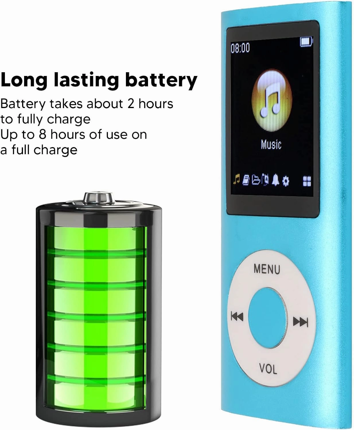 MP3 Player, 64GB Music Player Lossless Music Slim 1.8 Inch LCD Screen Portable MP3 Music Player, Includes Charging Cable and Earphone, Easy to Carry (Blue)