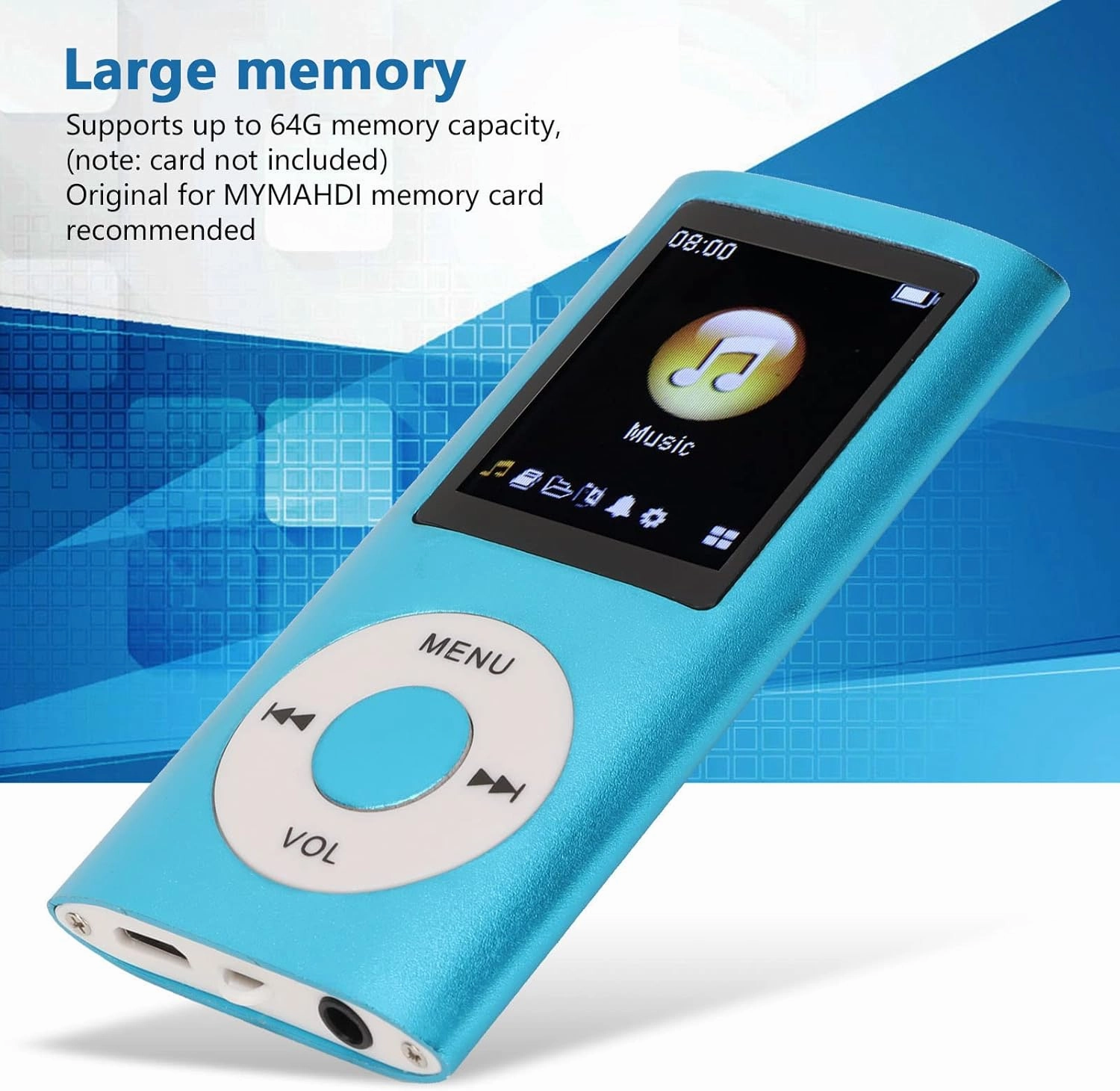 MP3 Player, 64GB Music Player Lossless Music Slim 1.8 Inch LCD Screen Portable MP3 Music Player, Includes Charging Cable and Earphone, Easy to Carry (Blue)