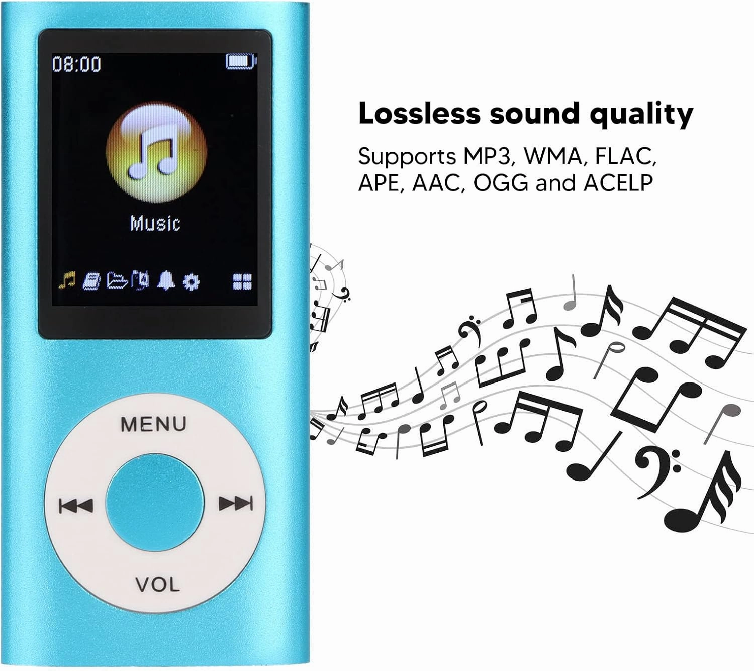 MP3 Player, 64GB Music Player Lossless Music Slim 1.8 Inch LCD Screen Portable MP3 Music Player, Includes Charging Cable and Earphone, Easy to Carry (Blue)