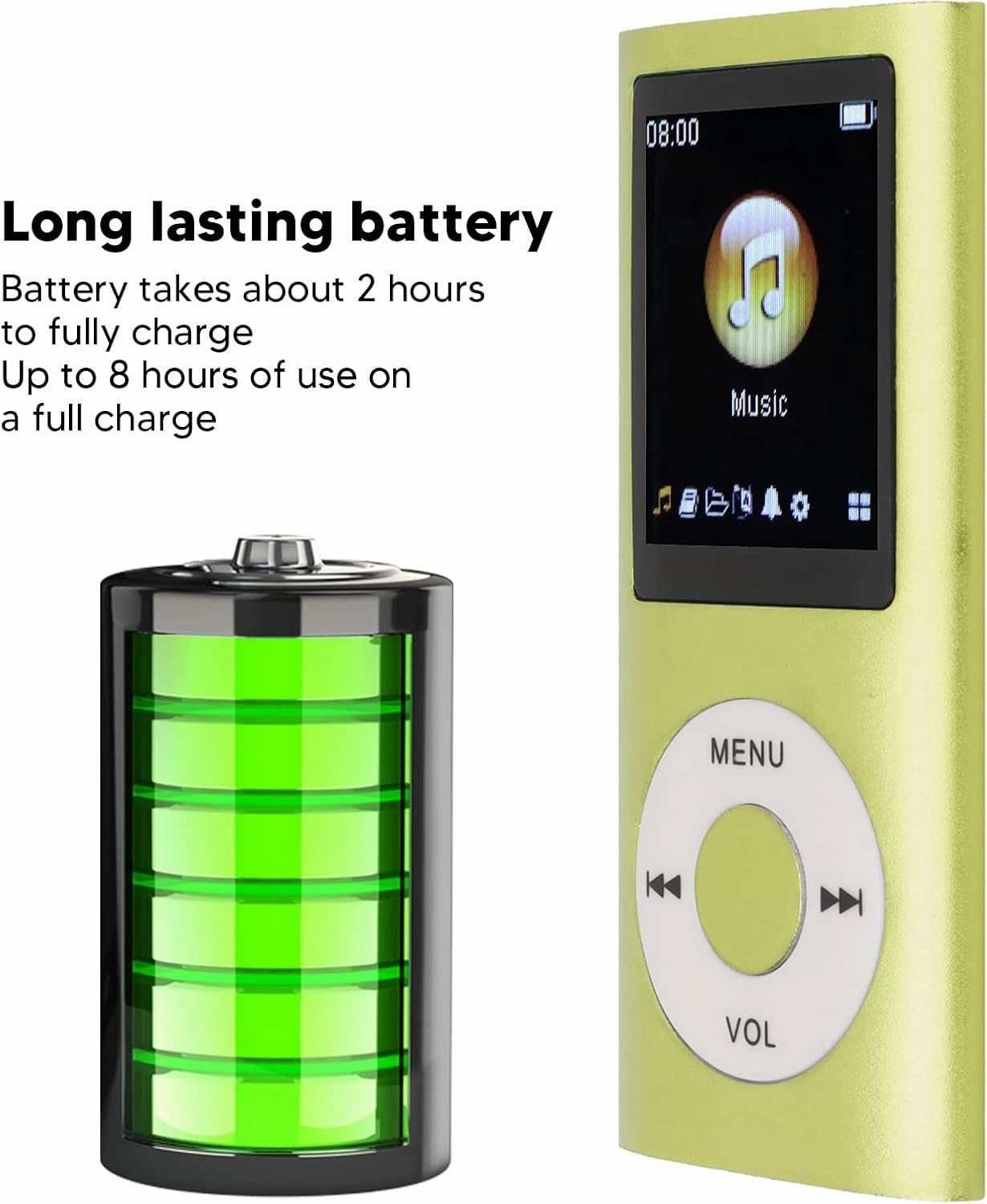 MP3 Player, Lossless Sound Slim 1.8 Inch LCD Screen Portable Music Player, Support 64G Memory Card Not Included, MP3 Player (Green)