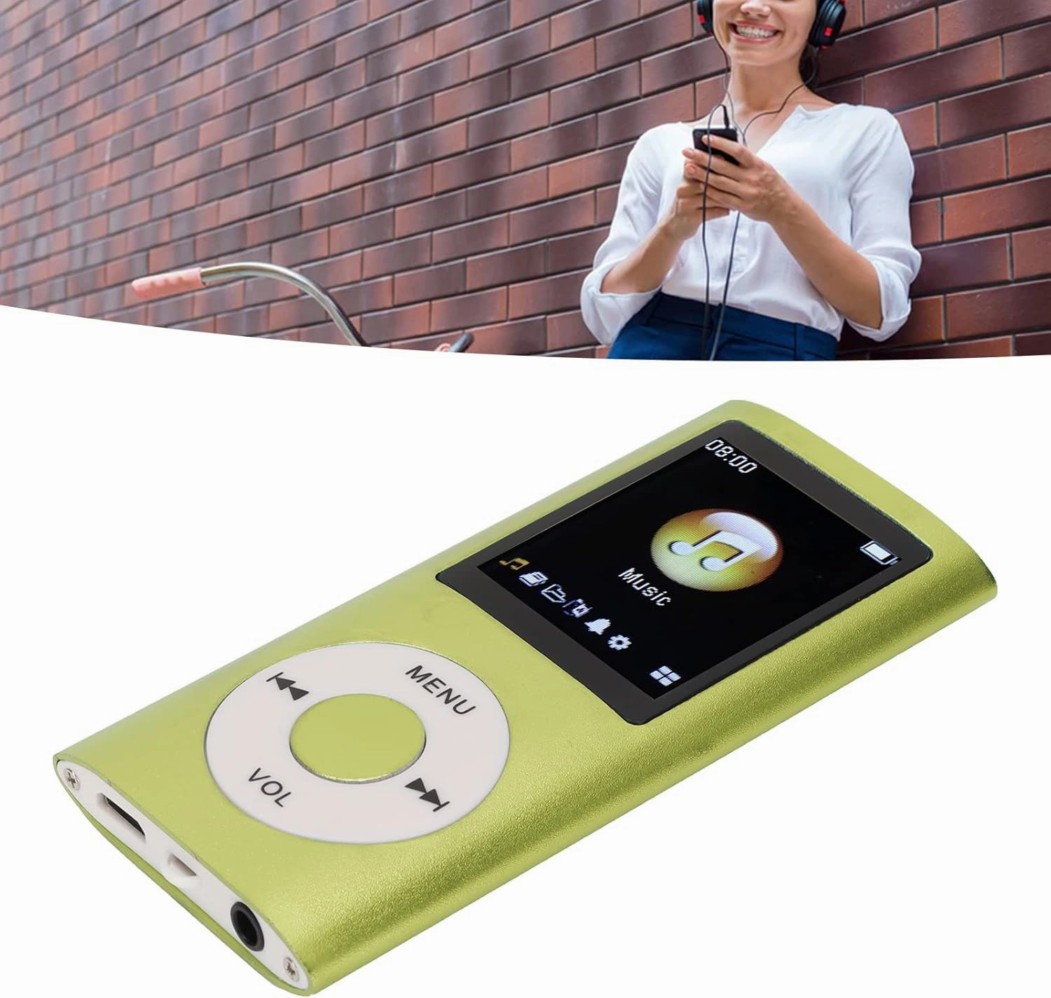MP3 Player, Lossless Sound Slim 1.8 Inch LCD Screen Portable Music Player, Support 64G Memory Card Not Included, MP3 Player (Green)