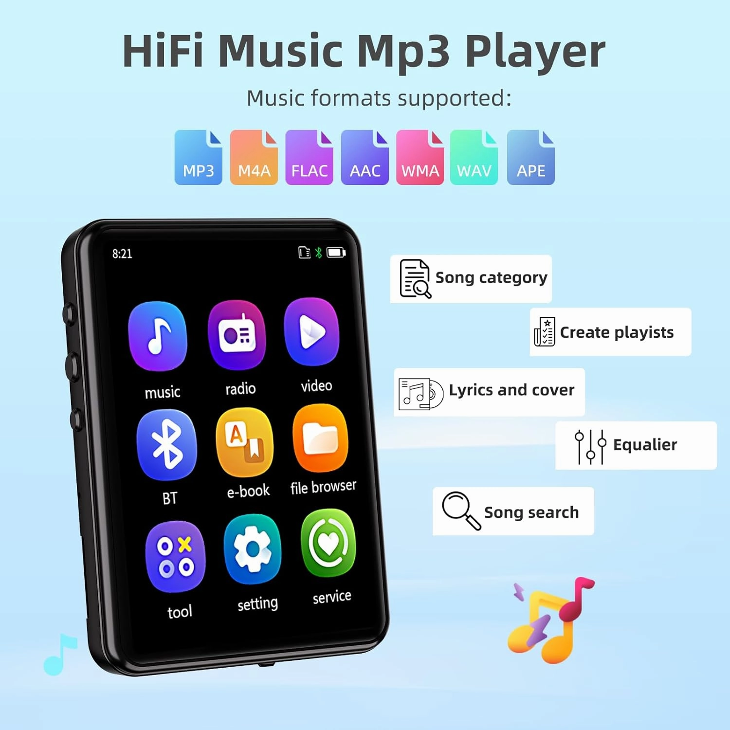 MP3 Player with Bluetooth 5.3,Full Touch Screen Portable HiFi Music Player Devices with Speaker,FM Radio, Headphones,SD Card Slot,up to 128GB Expand,Black,64GB